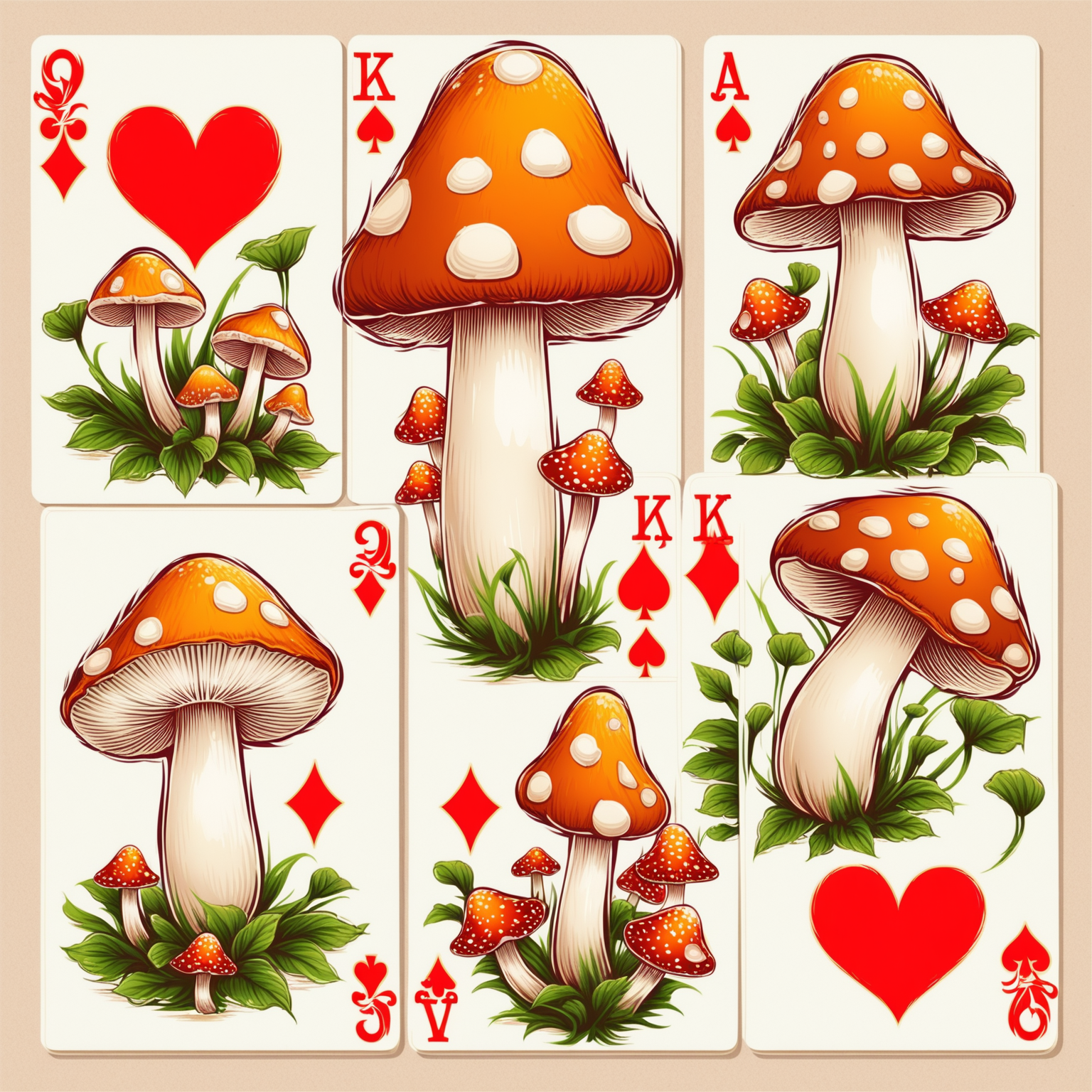 5 playing cards making a royal flush of mushrooms