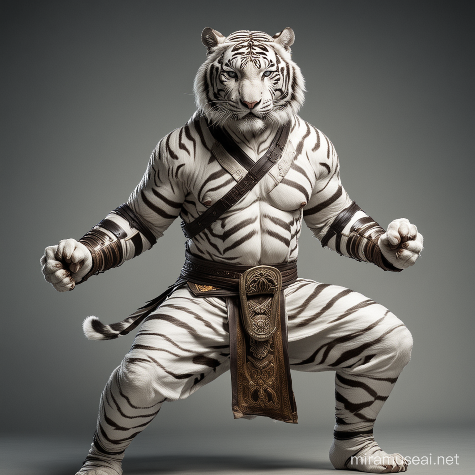 sub human warrior. He is white tiger practicing martial arts and be champion of it. He also is gargantuan human with the strength of all. He is wearing a martial arts attire
