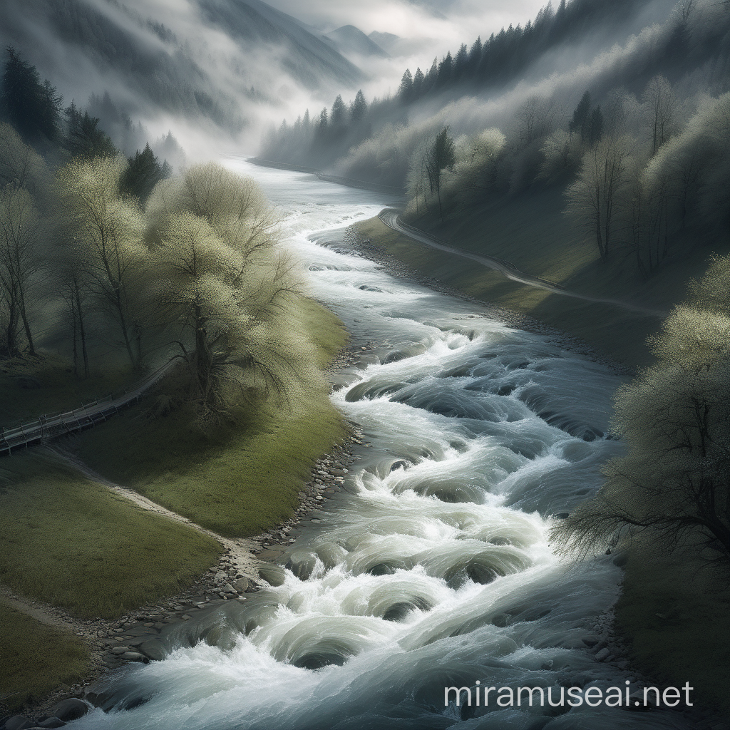 Majestic Silver River Flowing Through Mountainous Landscape