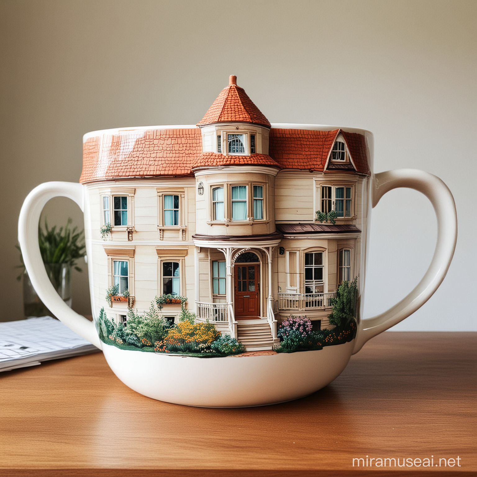 A giant coffee mug with a beautiful house inside.