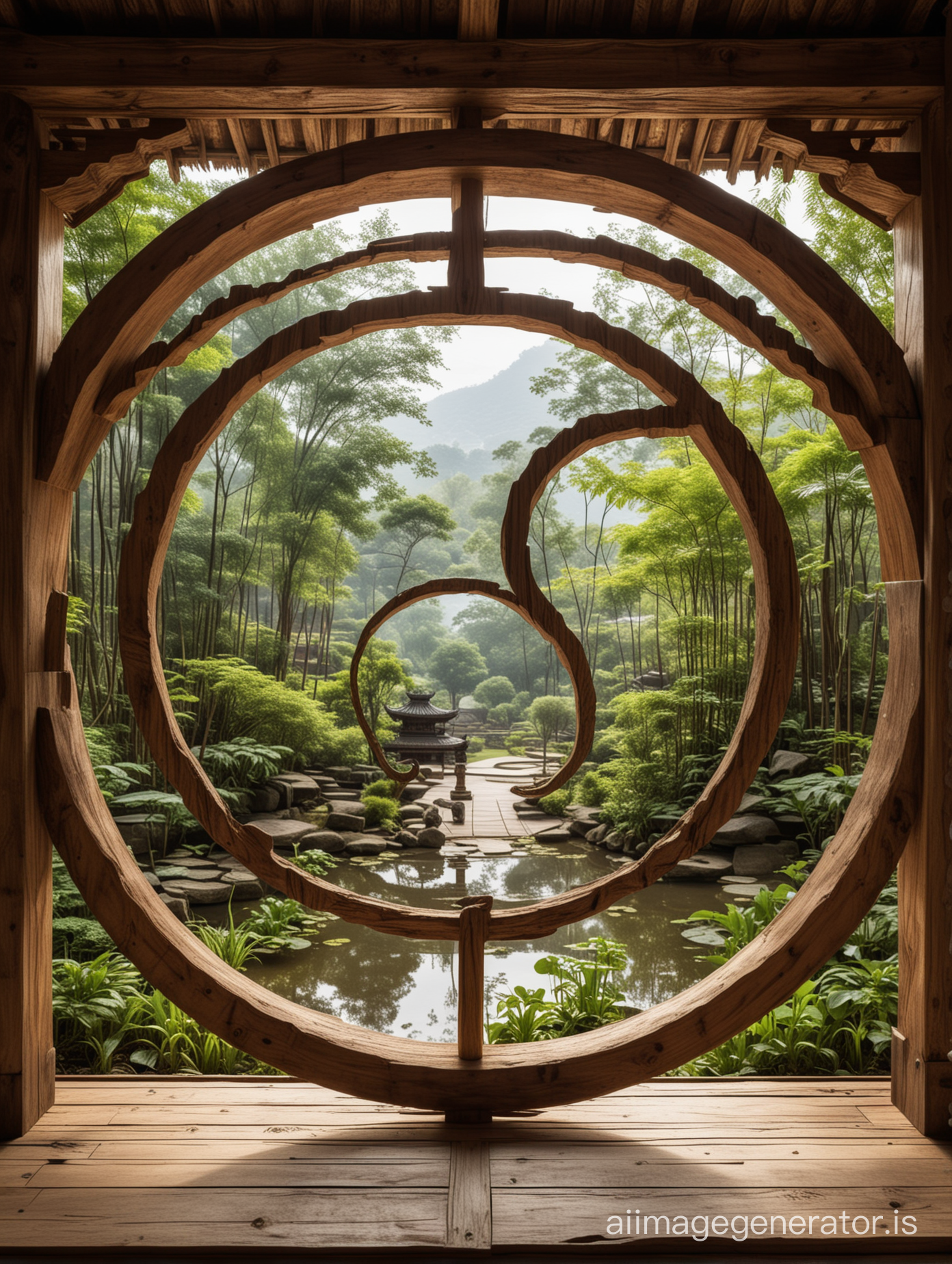 Ying et yang transparents à travers on vois 
Un temple bouddhiste végétal en bois et avec des jardins suspendus. Image réaliste et magique à la fois 