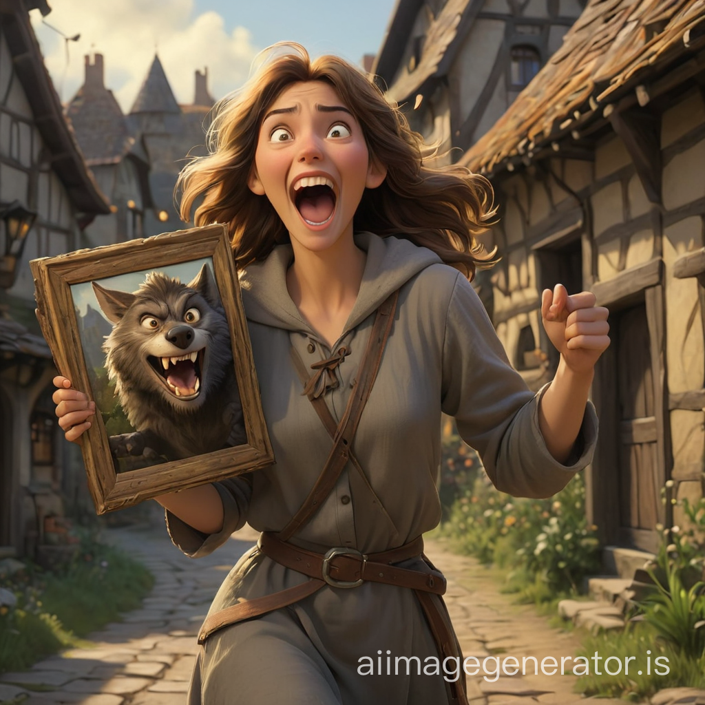 an excited woman holding the painting of a werewolf    medieval village     Pixar CGI style