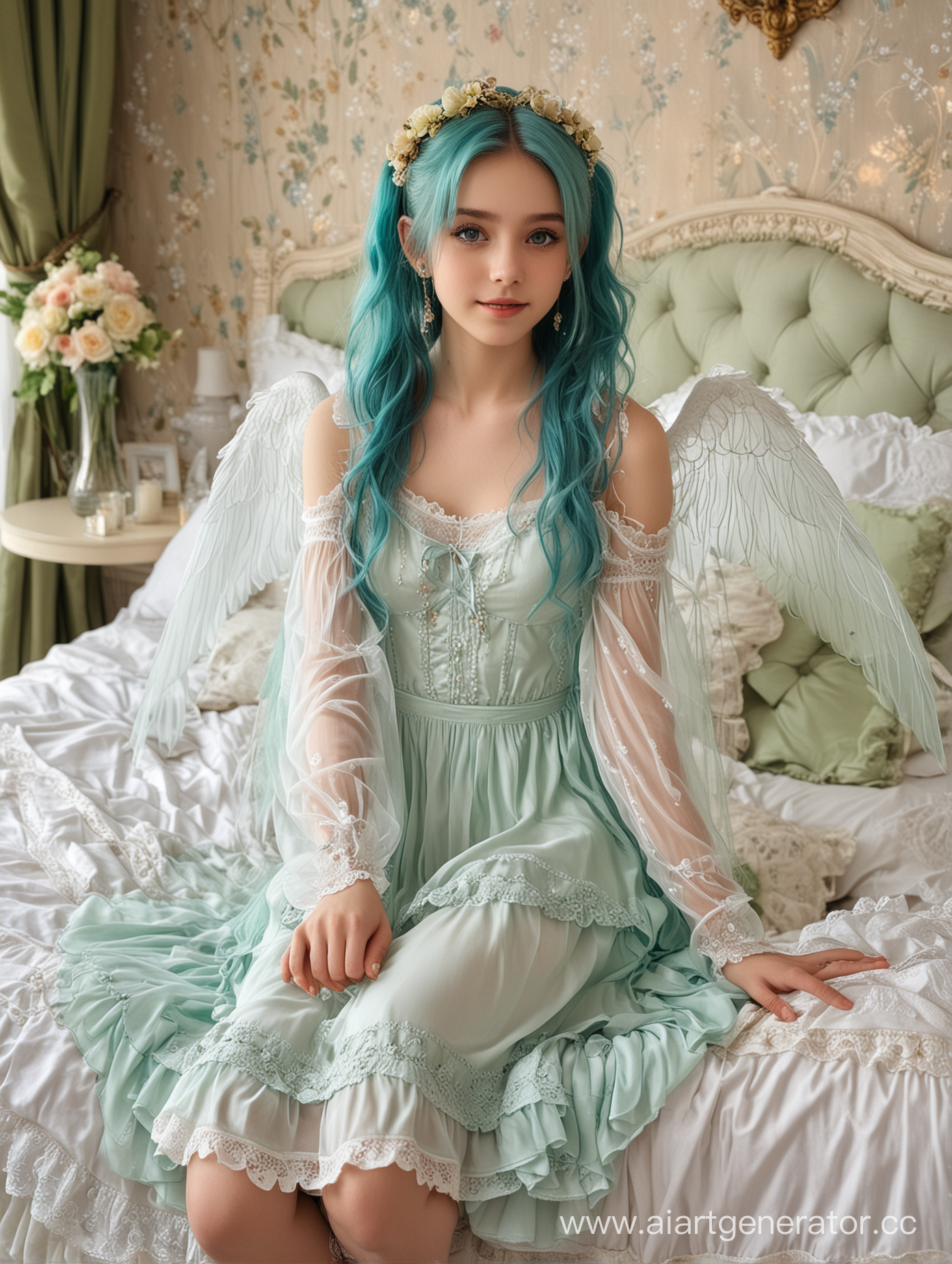 slender skinny angel girl with wings sitting on the bed, tiered chiffon dress with lacing and lace, tenderness, cute baby face, shy, detailed blue eyes, long green hair with ponytails, jewelry, flowers, rich room, beds, long slender naked legs, narrow shoulders, aristocracy, transparent skin, wide Transparent sleeves, a slight smile