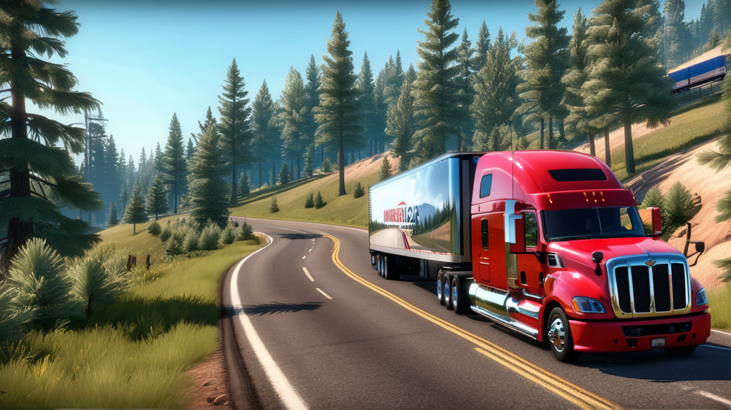 red american truck driving on curve road. showing pine trees, grass roundabout, From the makers of Bus Simulator 2023 comes the new and improved Truck Simulator USA Revolution. Want to know what driving an 18 Wheeler feels like? Truck Simulator USA offers a real trucking experience that will let you explore amazing locations. This American Truck Simulator features many American and European semi truck brands and all kinds of big rigs with realistic engine sounds and detailed interiors! Drive across America, transport cool trailers such as vehicles, gasoline, gravel, food, ship anchors, helicopters, and many more, red american truck driving on curve road. showing pine trees, grass roundabout