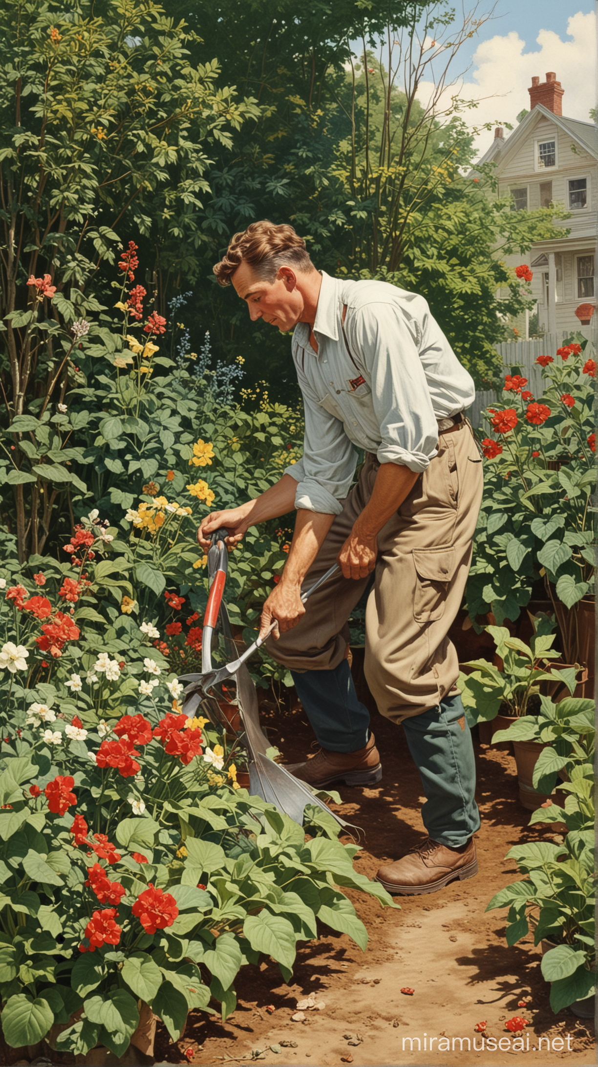 Horticulturist at work circa 1940. Style of Norman Rockwell. 