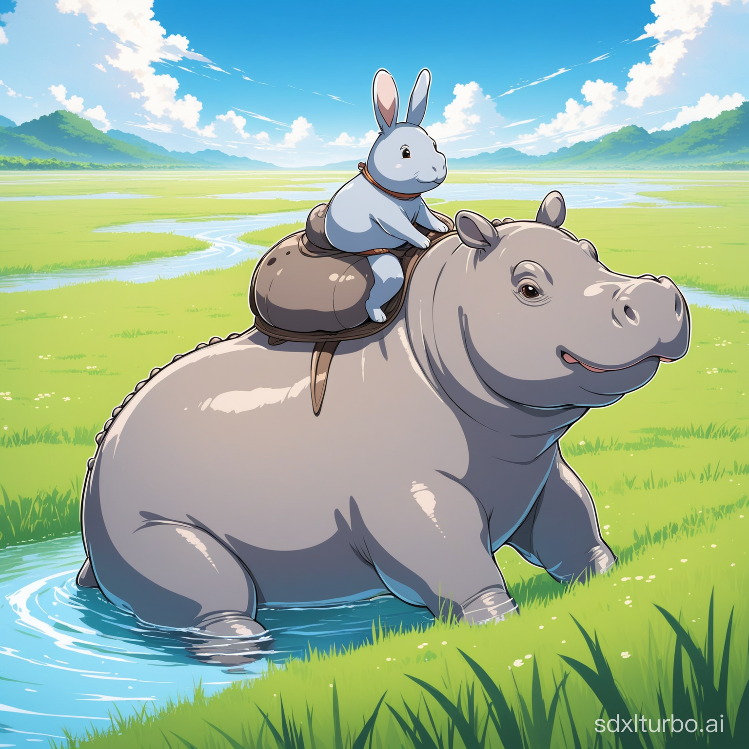 a grey color rabbit riding a hippo in a grassland river