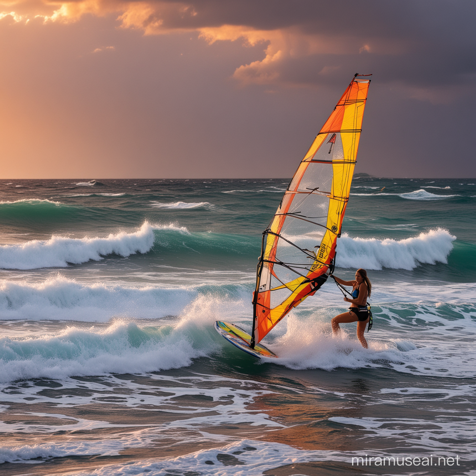 Nice girl windsurfing, big waves, foam, colourfull sunset, heavy storm clouds, windy, dolphins around,