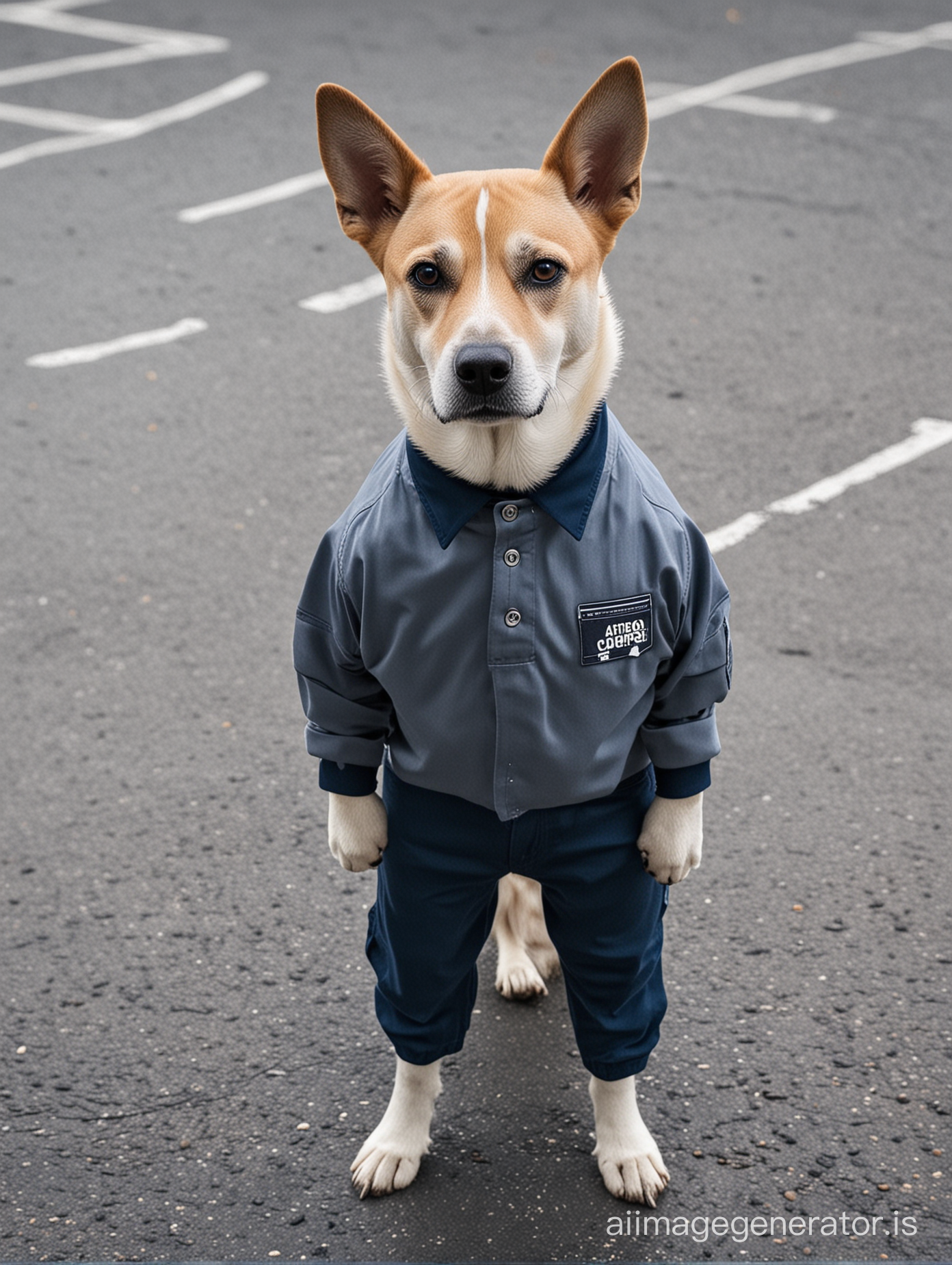  a dog with human gray uniform and dark blue pant standing front of parking. MAKE IT LIKE A human and just have dog head 