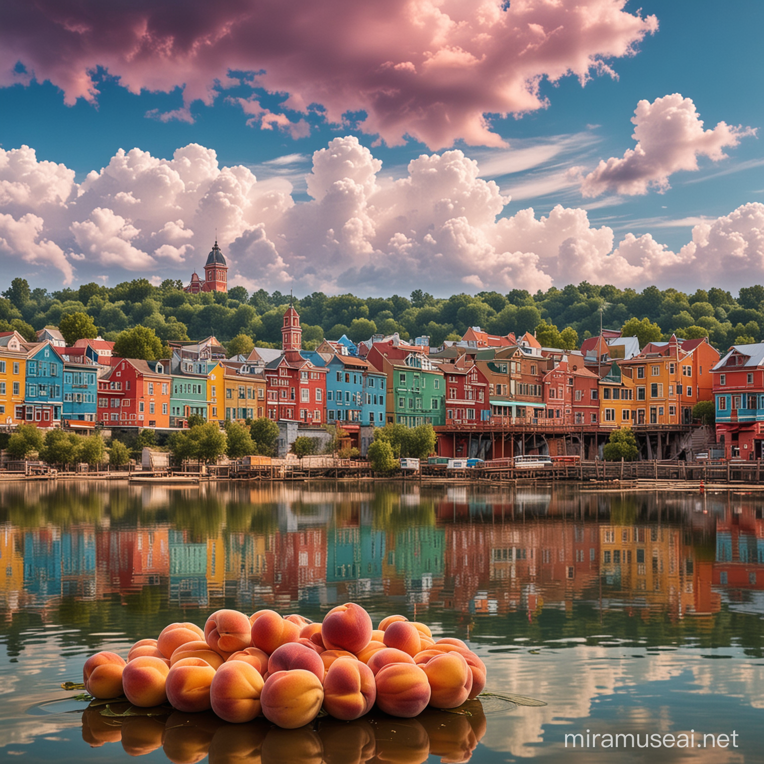 The image is a pile of Peaches.The image shows a row of colorful buildings with a background of a sky, water, and clouds. There is a lake with a bridge and pier visible, creating a picturesque cityscape with reflections on the water. The additional context mentions "Peaches."
