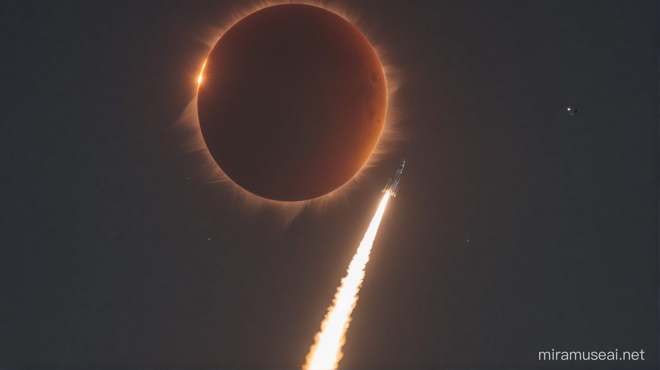 a solar eclipse and a rocket flying towards the eclipse