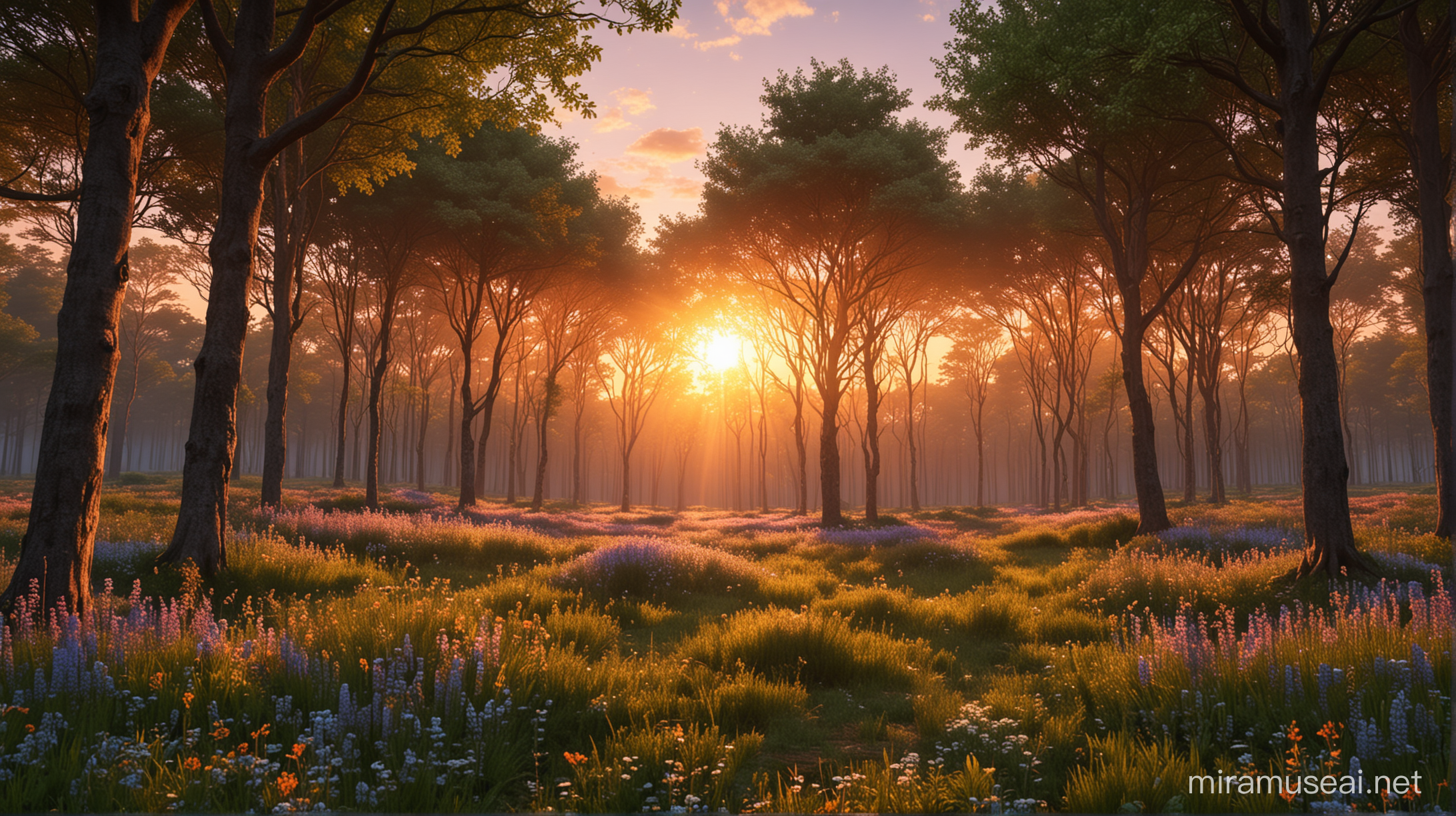 forest with flowers, trees, tree in the middle and sunset background
