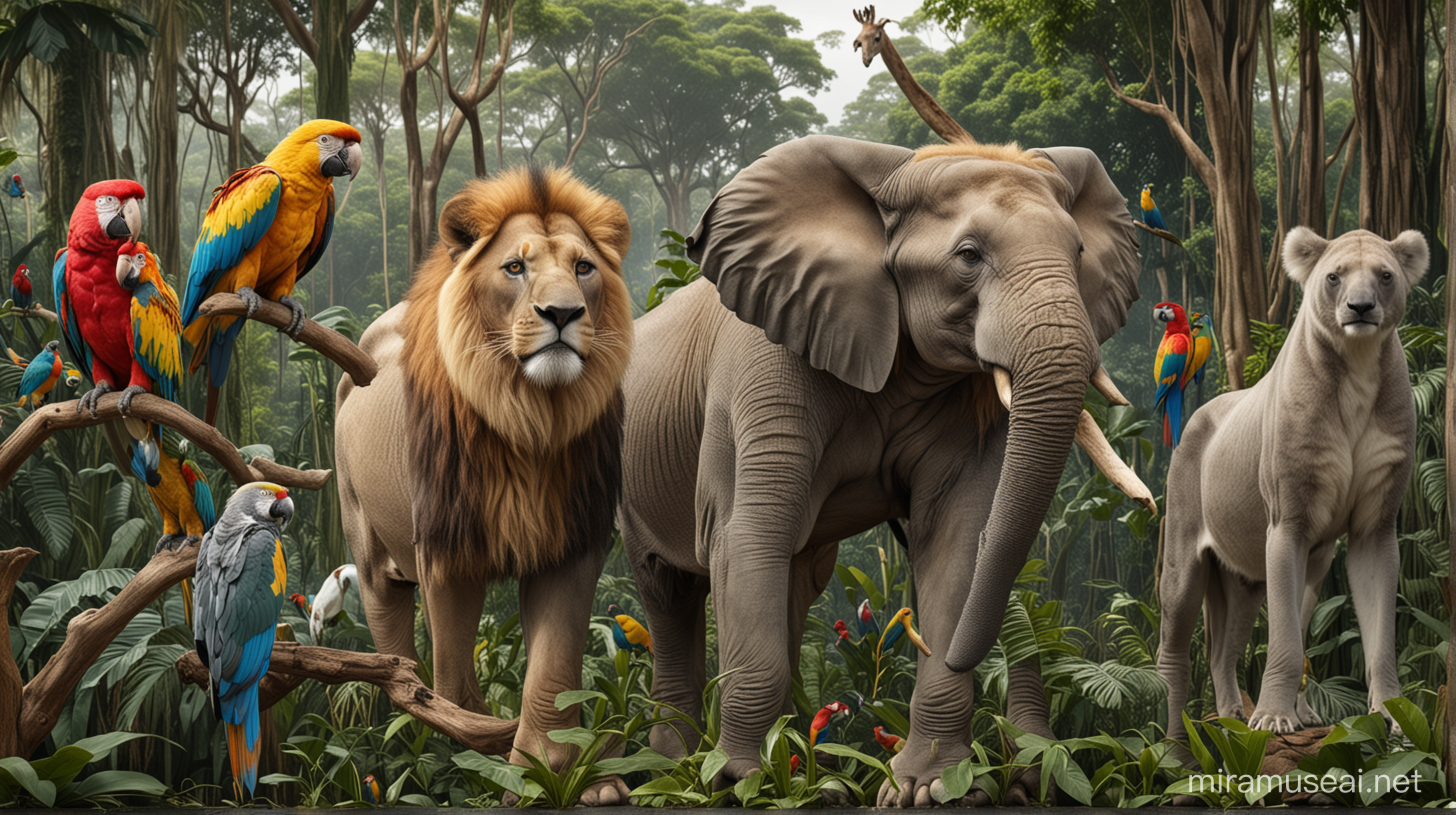 hyper-realistic: elephant, lion, macaws, giraffe, lion and koala photo in amazon jungle