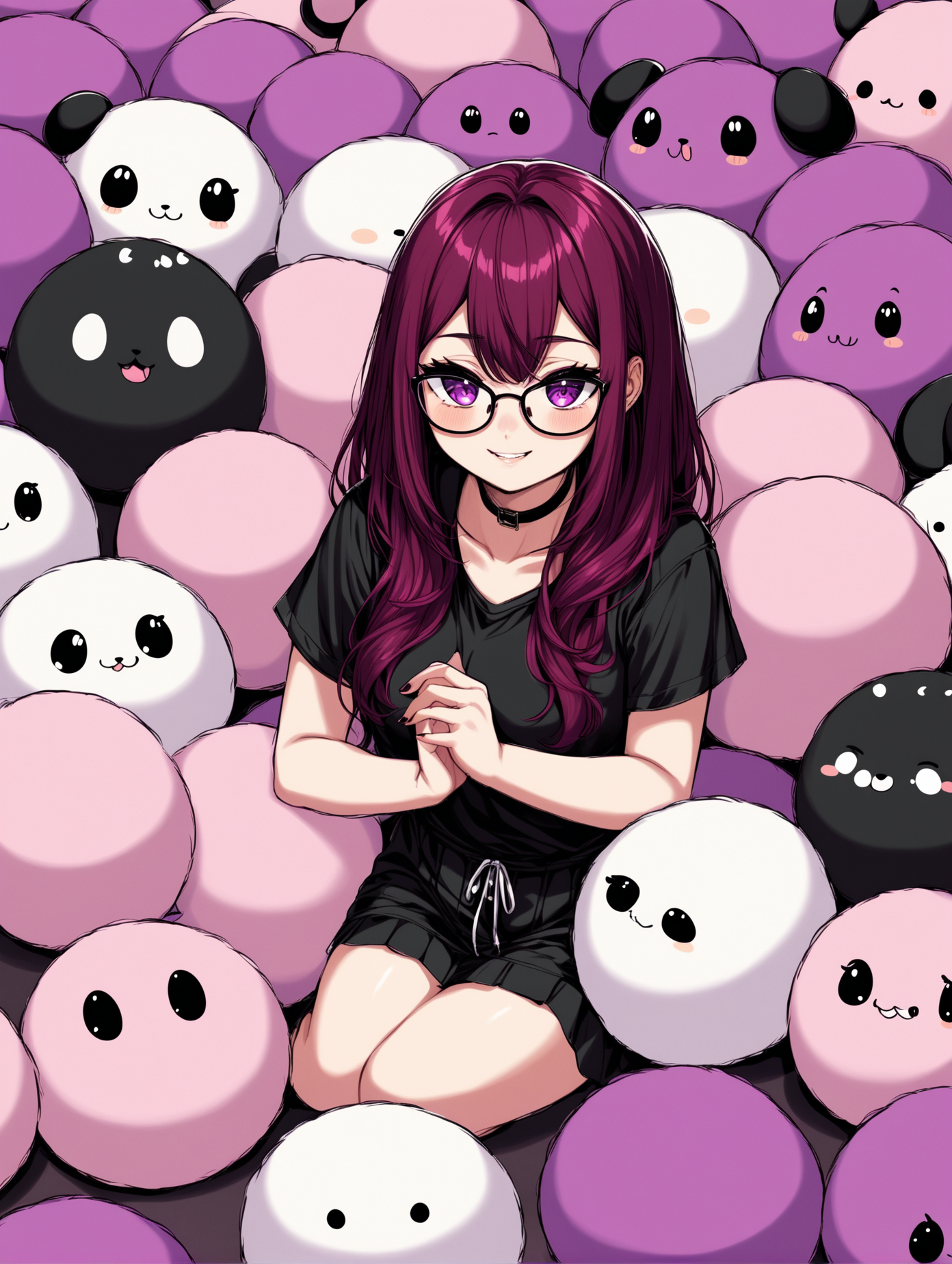Goth nerdy anime girl with burgundy hair, surrounded by Squishmallows