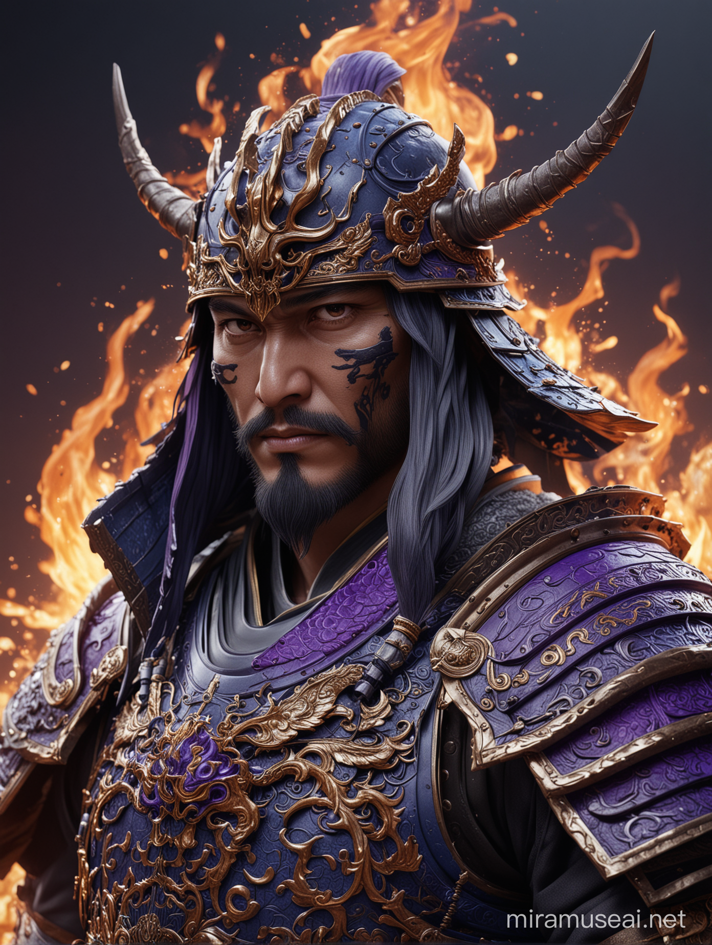 The drawing shows a samurai King with a flaming helmet and intricate Chinese armor. This is a complex, elegant digital illustration made in a picturesque, hyperrealistic and super detailed way. It is made in 8k resolution using royal purple and ultramarine blue colors. Dynamic. The illustrations are created using the unreal engine 5 and octane rendering, resulting in extremely clear lines with ultra-fine details. The picture also shows the depth of field at a distance. The work was done in collaboration with Artgerm, WRAP and Greg Rutkowski.