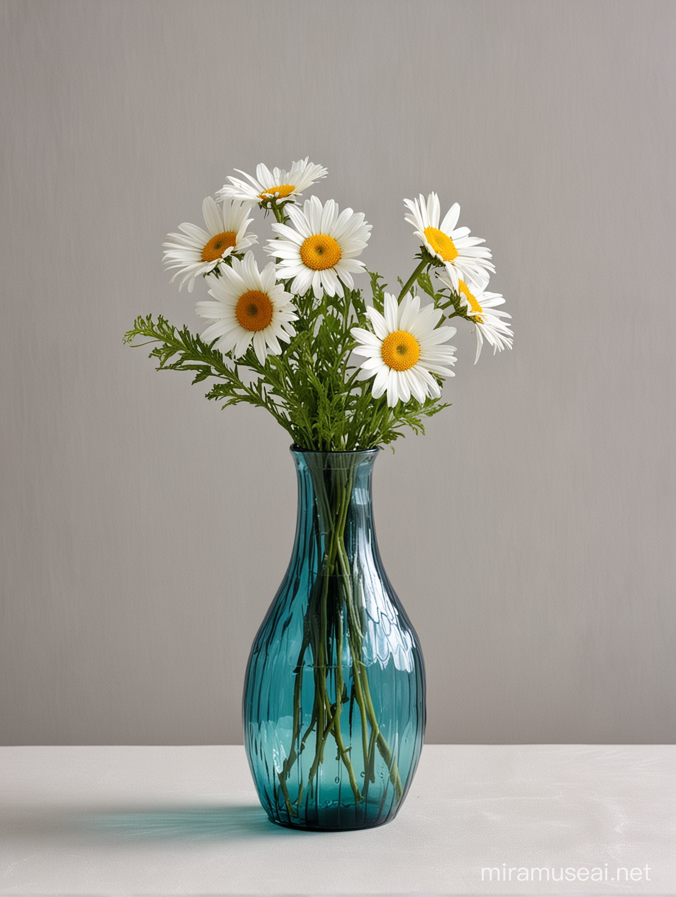 Vibrant MultiColored Daisy Arrangement in Stylish Decorative BluishGreen Glass Vase with Drapery