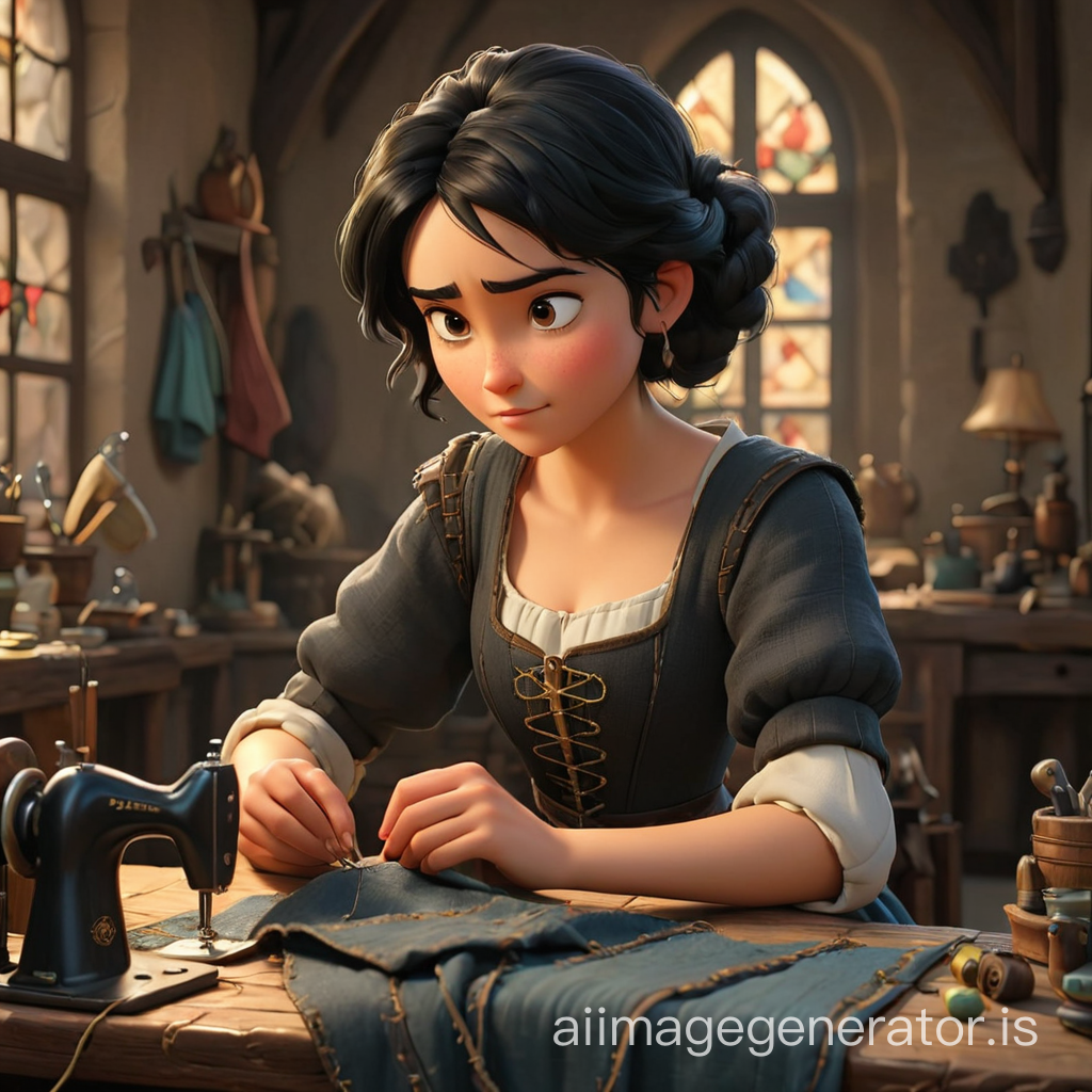 medieval black haired female tailor sewing with needle   Pixar CGI Style