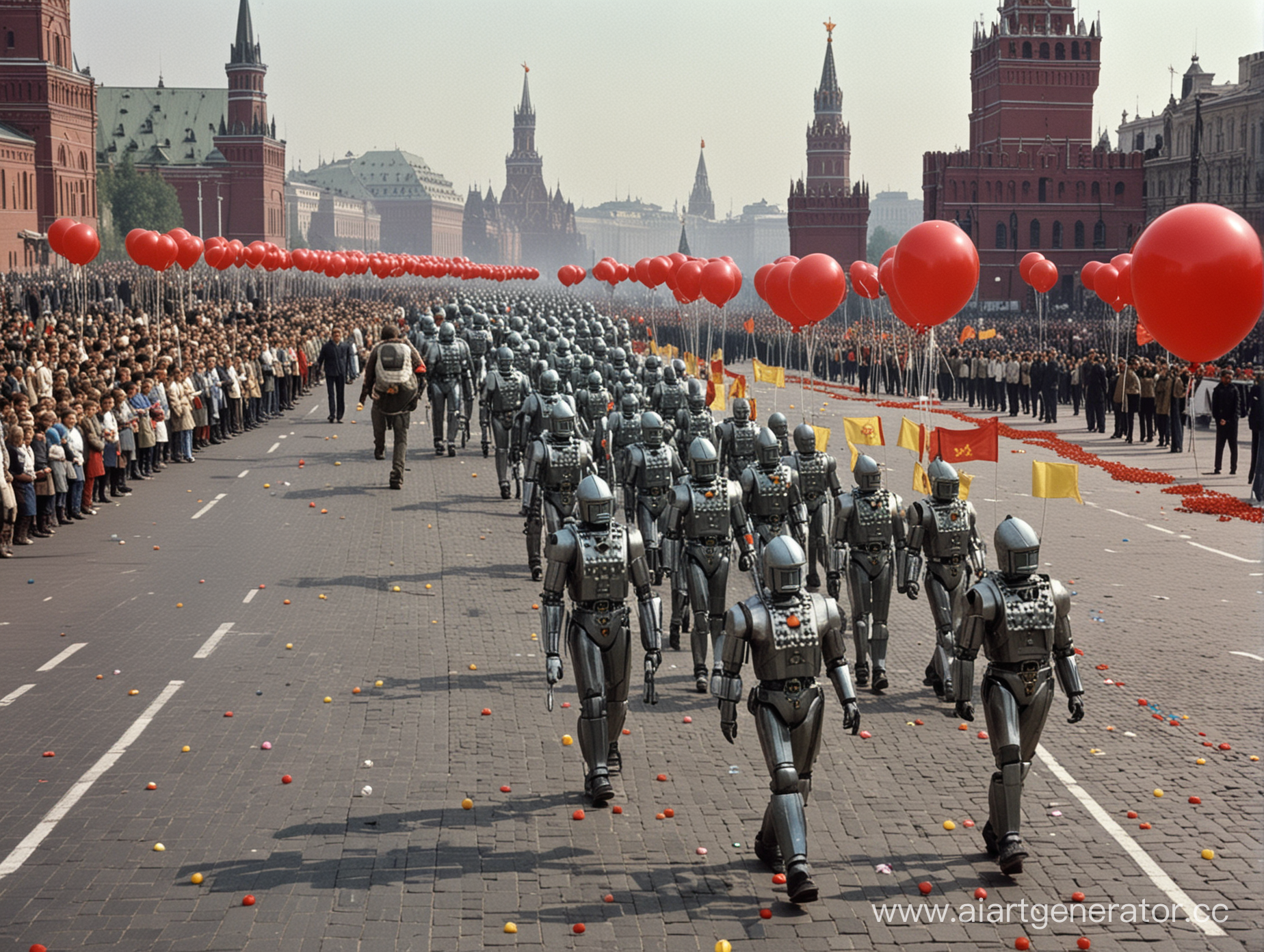 parade on Red Square in Moscow in 1977 shiny steel robots wiht weapons  march in straight rows past the mausoleum , red flags with a hammer and sickle, red yellow green wite blue balloons fly into the sky