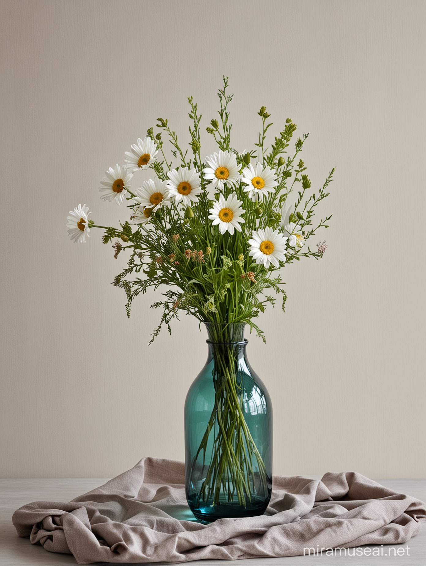 natural-big-1-daisy-MULTI COLORS-wild-flower-botanical-in-stylish-decorative-bluish-green-glass vase-with-drapery 
