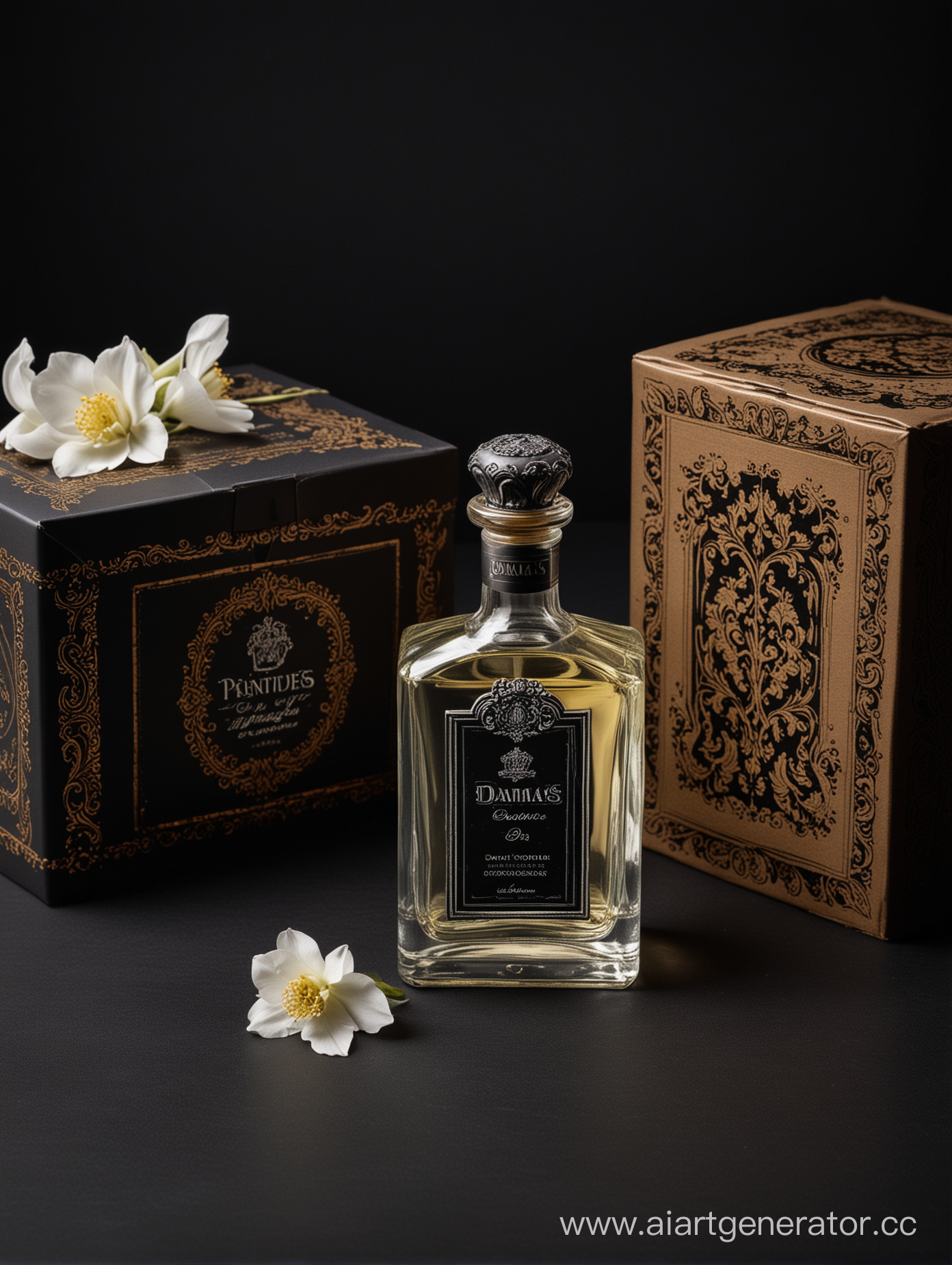 a bottle of damas cologne sitting next to a box, a flemish Baroque by Demetrios Farmakopoulos, instagram contest winner, dau-al-set, dynamic composition, contest winner, feminine
black background