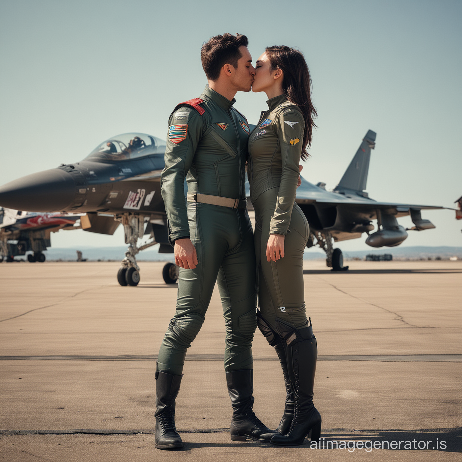 Men and women in torn clothes Half-naked kissing in front of a fighter jet, skintight fit, skintight suit, perfect military composure. Tight clothing Jet wings on the back alena aenami and lilia alvarado fighter jets, very perfect position jet fighter Airplane wings on the back, thick thighs, two pairs of wings, wearing a military uniform.