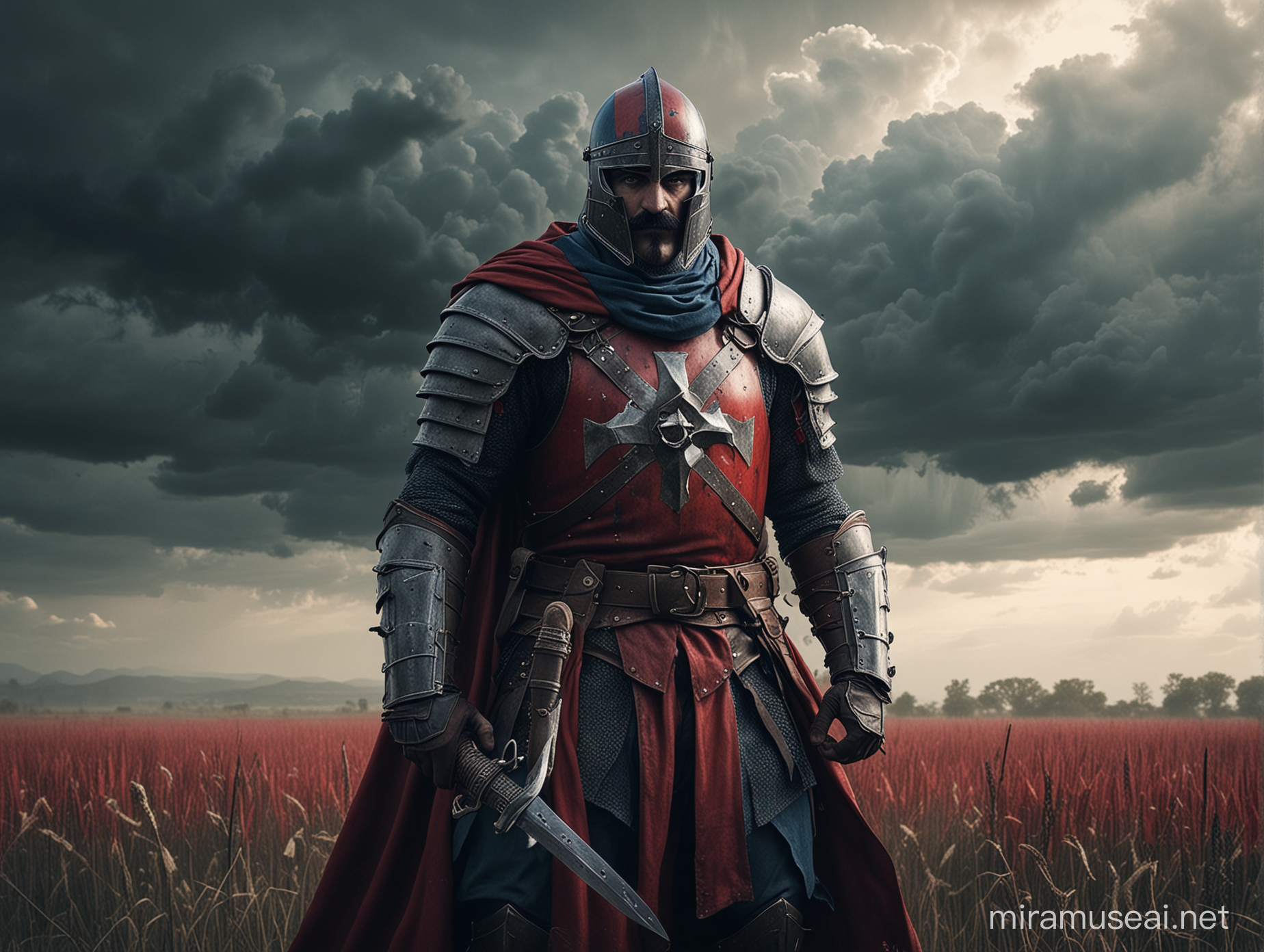 man with black mustache, red cap, in a red and blue knight templar armor, holding a sword, in a field, storming clouds, front view, gritty art, cinematic art