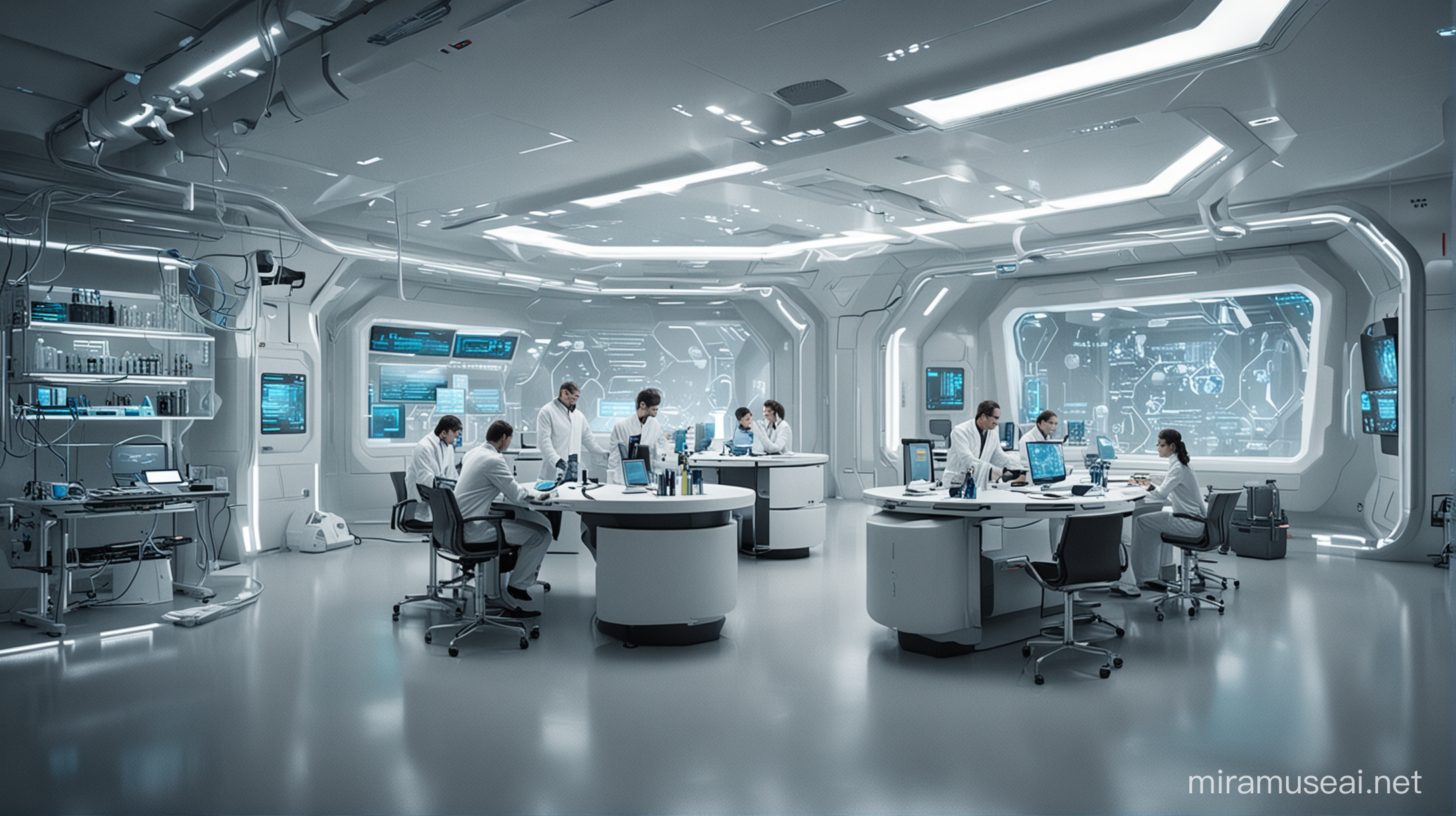 futuristic lab with 3 or 4 researchers