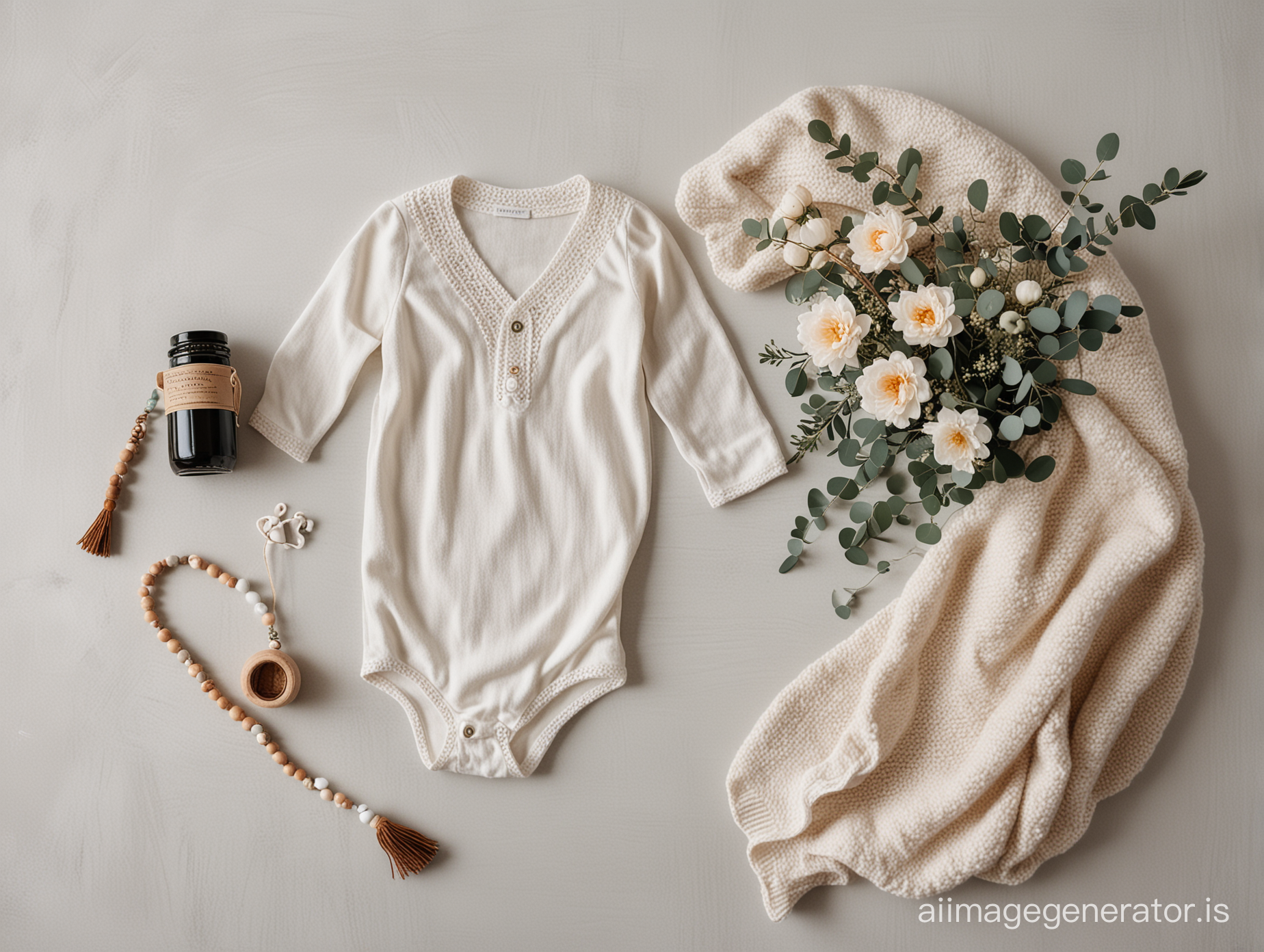 A minimalistic flatlay composition featuring a plush blanket arranged elegantly on a clean white surface, juxtaposed with a chalkboard, a delicate baby bodysuit, a whimsical rattle, tiny crochet booties, fresh flowers, aromatic eucalyptus branches, a wooden bottle, wooden bead necklace, and a soft plush toy, evoking a serene and tender atmosphere with muted earthy tones, captured beautifully with the timeless elegance of a Hasselblad camera.