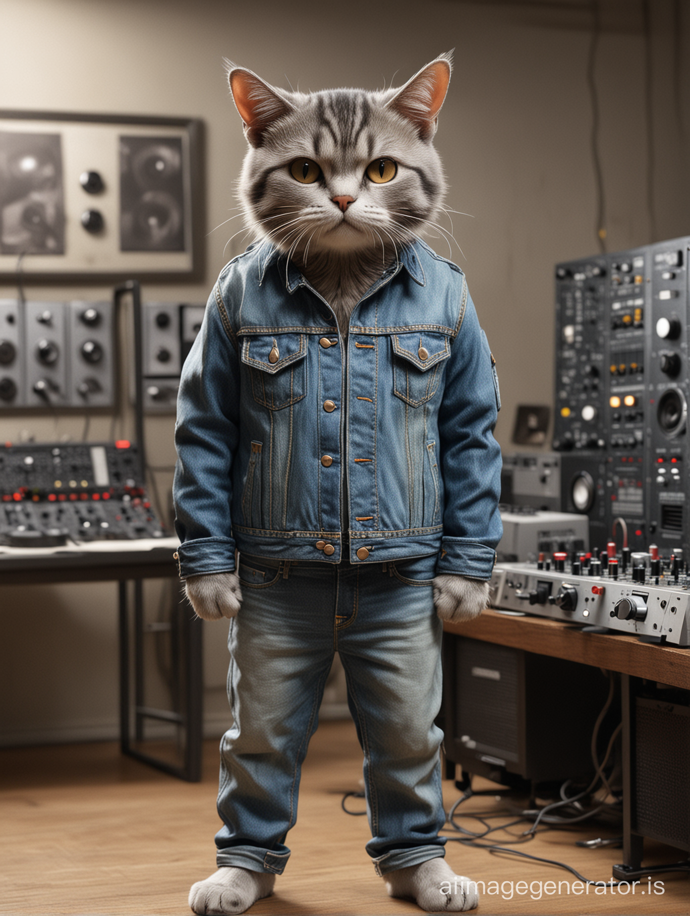 creat a cat who wear vintage jean jacket and stand front of people and work with DJ controler. show it like dj man in a boiler room. make cat like human and real. amke it more cool and show the standing figure. show the boiler room in back and add a guitar in his hand