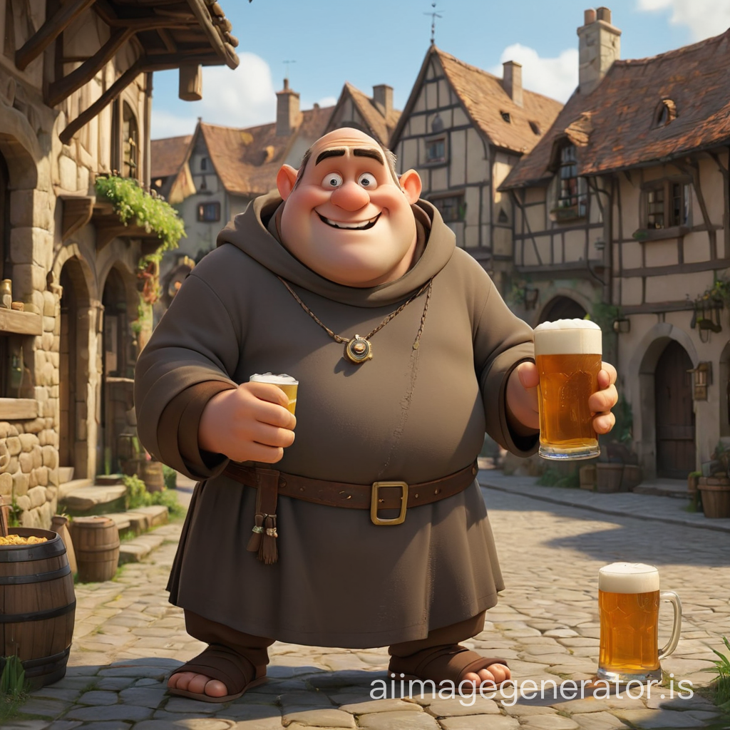 friar tuc with beer + medieval village + Pixar CGI Style