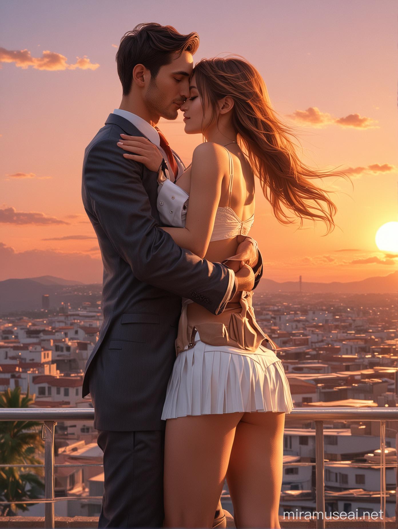 a man wearing suit and a woman wearing pleated mini skirt and bra hugging in front of a sunset, digital art, by Adrian Zingg, realistic scene, making love, hq artwork, flying anime esper, full color digital art, photorealistic, very detailed and high quality, excellent detail,kissing together cutely, feimo, a beautiful artwork illustration,full body shot,photo r3al