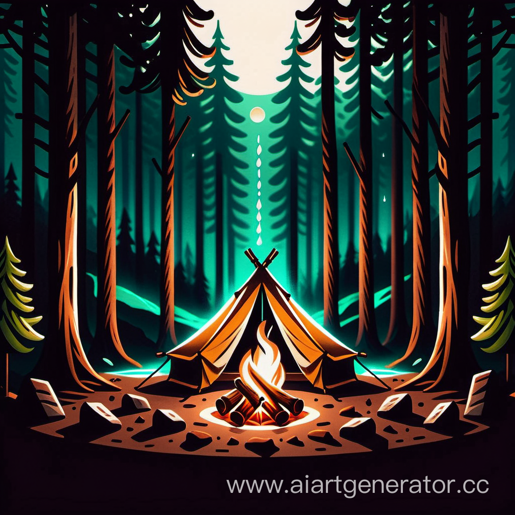 логотип палатка лес костер поход