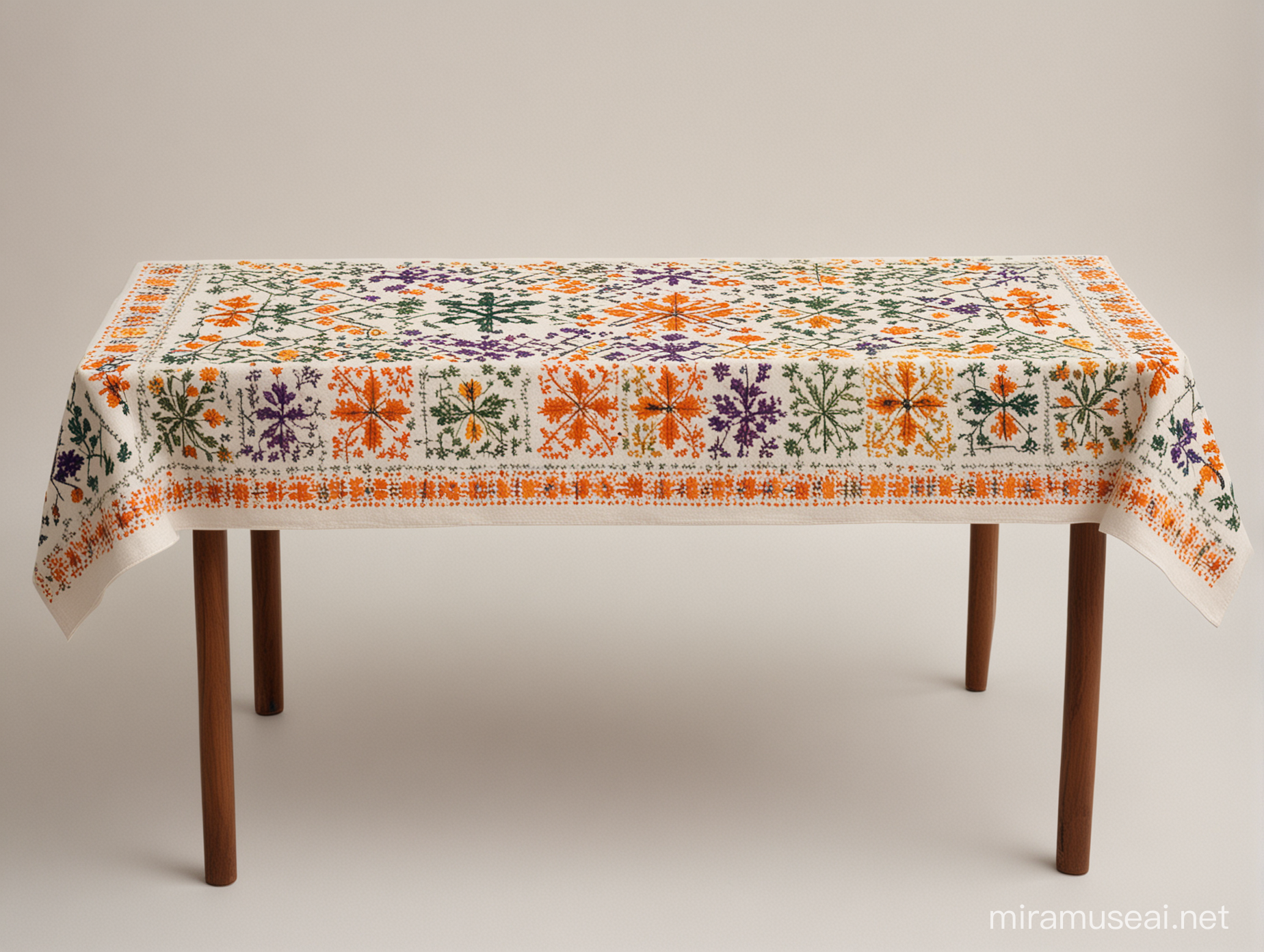 xa rectangle table, in perspective, with a hand embroidered, cross stitched, folk pattern in secondary colour palette, like violet, orange, greens