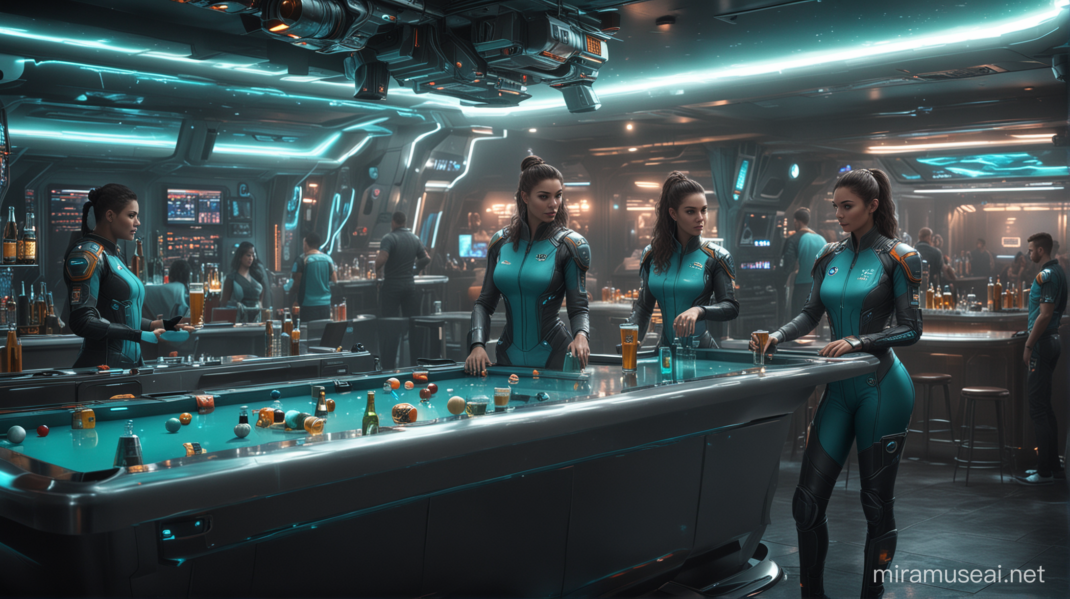 (best quality,photorealistic),A futuristic Spaceship with a crew recreational area that is a bar/pub club, crew members are relaxing enjoying a pint of beer or a cocktail, there are beautiful females and handsom males, the crew are dressed in teal and grey full uniforms, neon lights and Mirrors, a Beer with bottles, a pool table,gaming machines,best quality, high quality, extremely detailed 32k、Superior Quality、superior image quality、The 8k quality、Beautiful picture