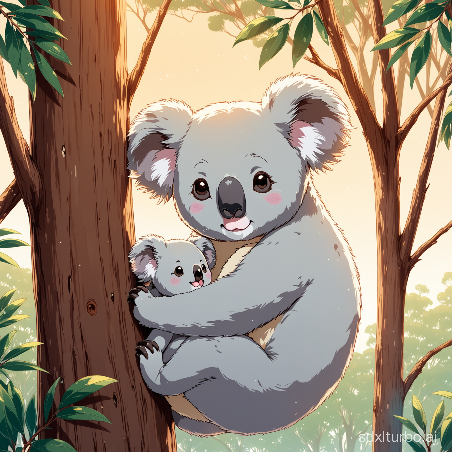 a Koala mother with a baby Koala in pouch, gum tree in a Australia bush, super anime
