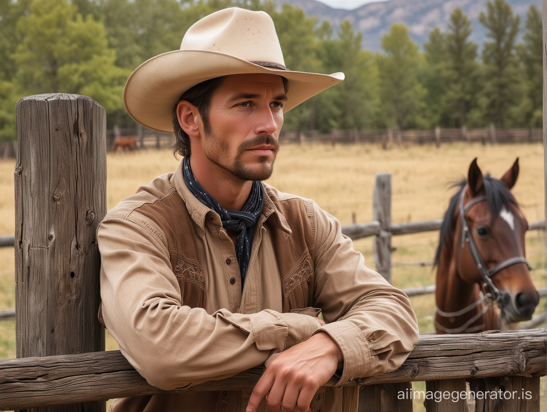 A detailed photograph of an cowboy with a thoughtful look about the meaning of life in simple rustic clothes near a wooden fence. There is a horse next to the  man
