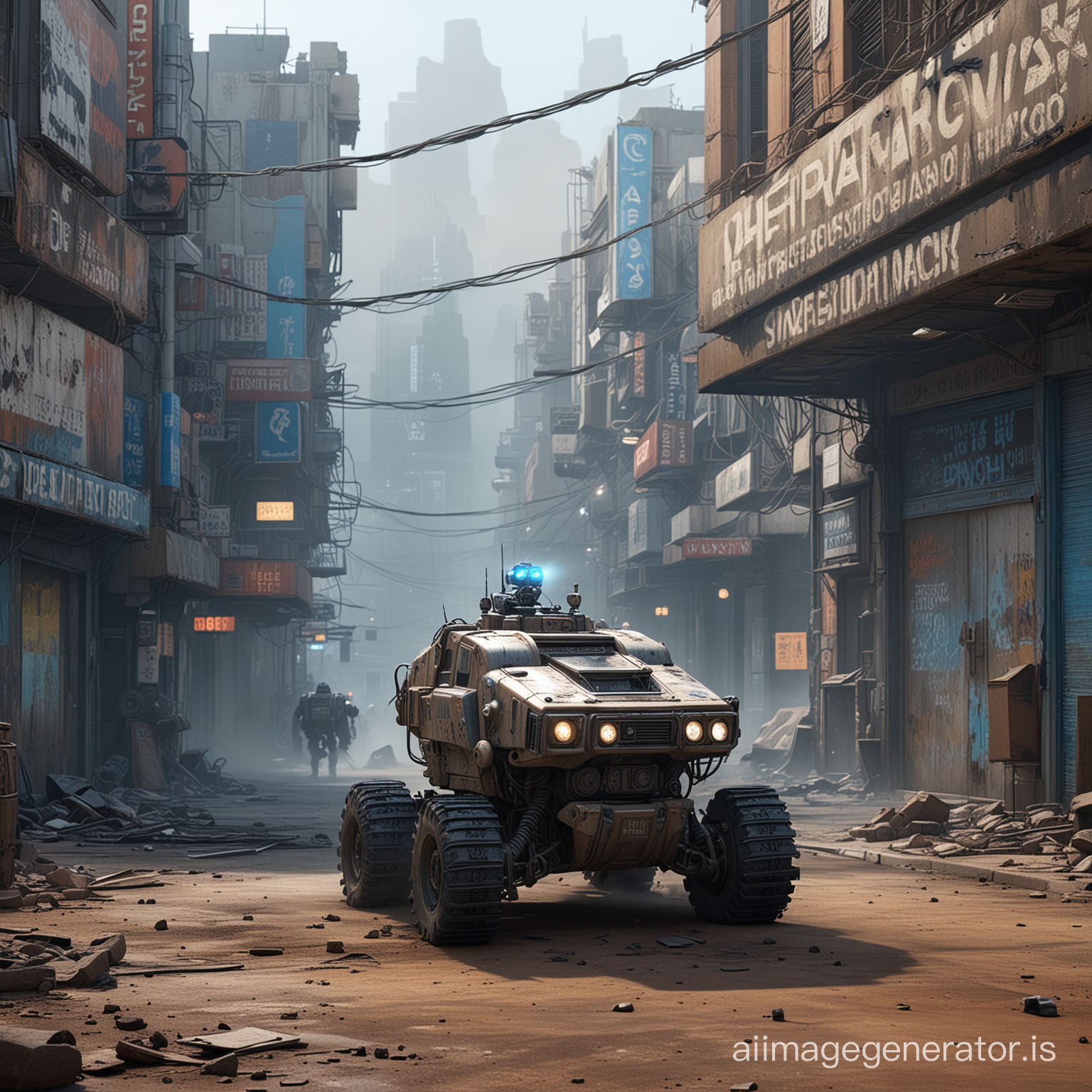 A detailed complex mechanical futuristic sci-fi 3D render of the short-circuit robot covered by dirt painting the phrase "There's No Fate But What We Make" on an old rusty white store sign, surrounded by smoke and dust effects, with a cyberpunk dystopian city in the background, a cybercop car, night time, blue lighting billboards light the scene, white lights from the inside of the buildings, street photography, concept art, gaming art, high-res, high-quality.