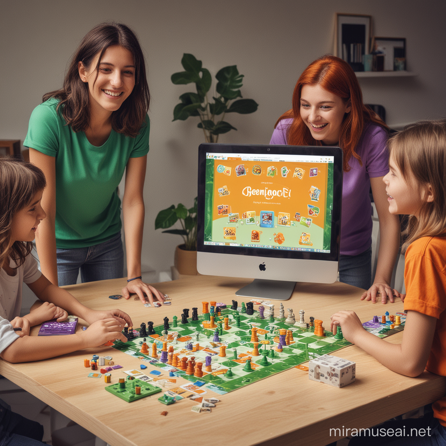Website Launch Celebration Children Playing Board Game Amidst Brand Colors