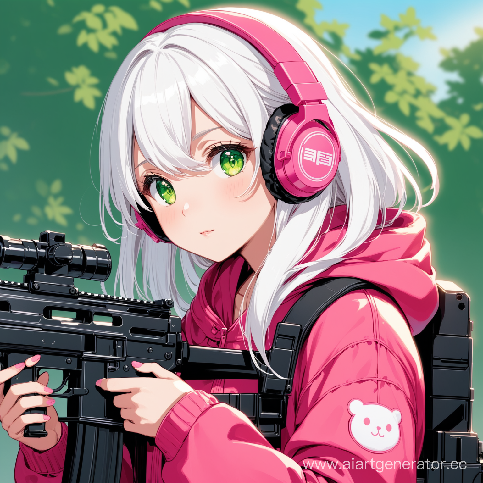 Девушка с белыми волосами и зелеными глазами , в розовых наушника и с ушками, держит в руках пулемет