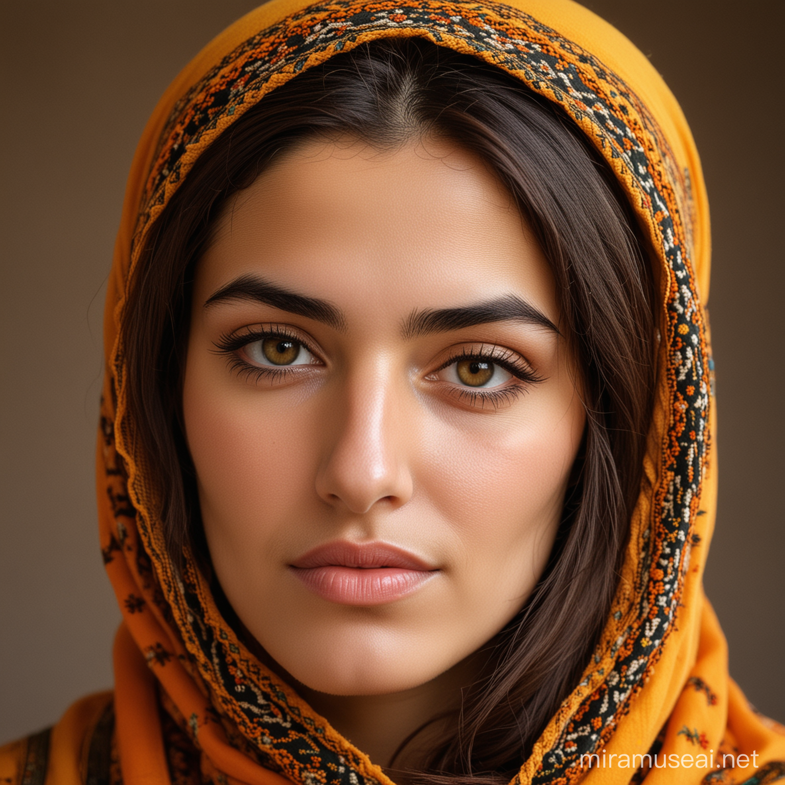 The face of an attractive woman of the Bakhtiari tribe from the Iran Zameen tribe for the profile of the Bakhtiari women's collection with attractive yellow and warm orange colors