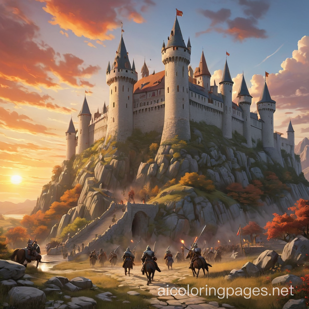 A realm of knights and dragons, chivalry and honor reign supreme. In Avaloria, brave warriors embark on quests to slay fearsome beasts and rescue damsels in distress, while ancient castles loom against the backdrop of a fiery sunset. in colour, Coloring Page, black and white, line art, white background, Simplicity, Ample White Space. The background of the coloring page is plain white to make it easy for young children to color within the lines. The outlines of all the subjects are easy to distinguish, making it simple for kids to color without too much difficulty