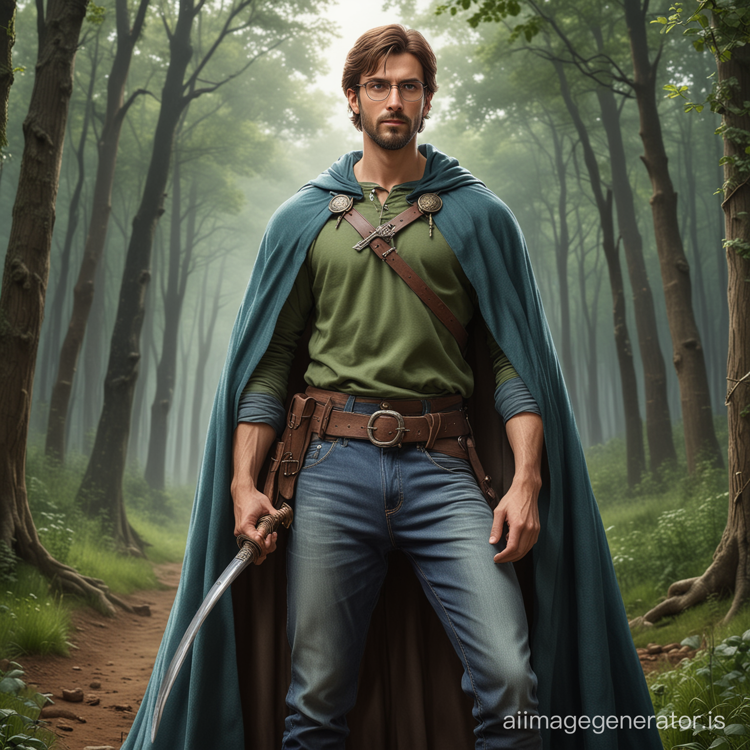 A tall man with glasses and a long nose. He has short brown hairs and wears a green T-Shirt. He has a short brown beard. He wears a medieval cape and blue jeans. He is holding a sword. Behind him is a forest. Realistic picture