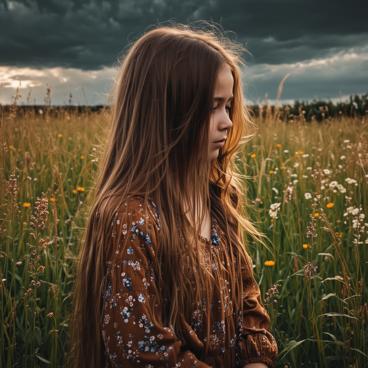 child sad backlight long hair back high grass colors flowers stormy clouds 