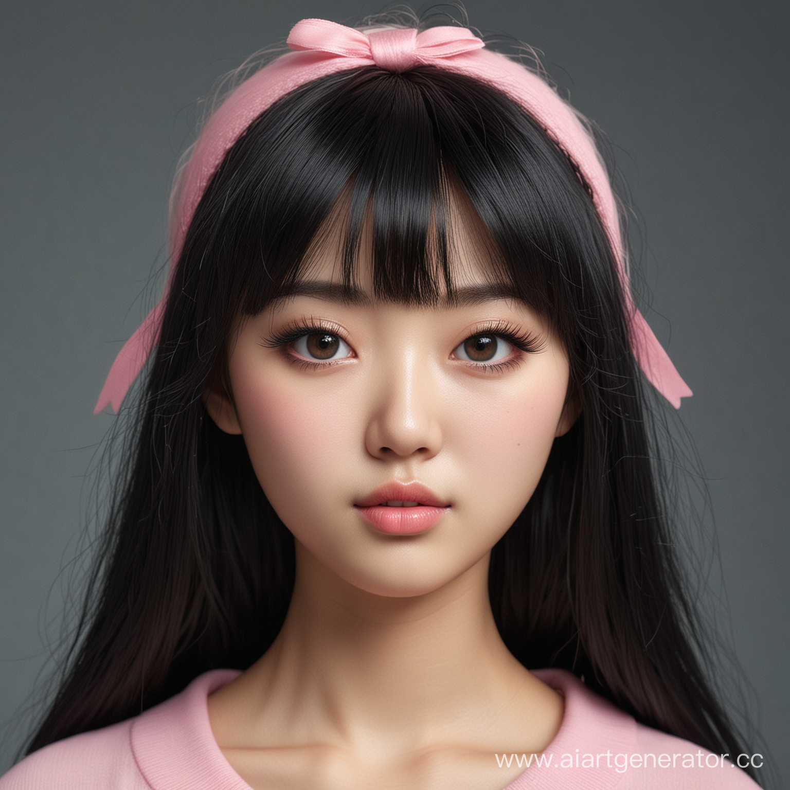 Портрет девушки азиатской внешности кореянки с худым лицом, большими чёрными глазами, кукольными ресницами, пухлыми розовыми губками, аккуратным маленьким носиком, точеными скулами, чёрными длинными волосами с редкой чёлкой, очень бледная кожа, 25 лет, Фотореалистично