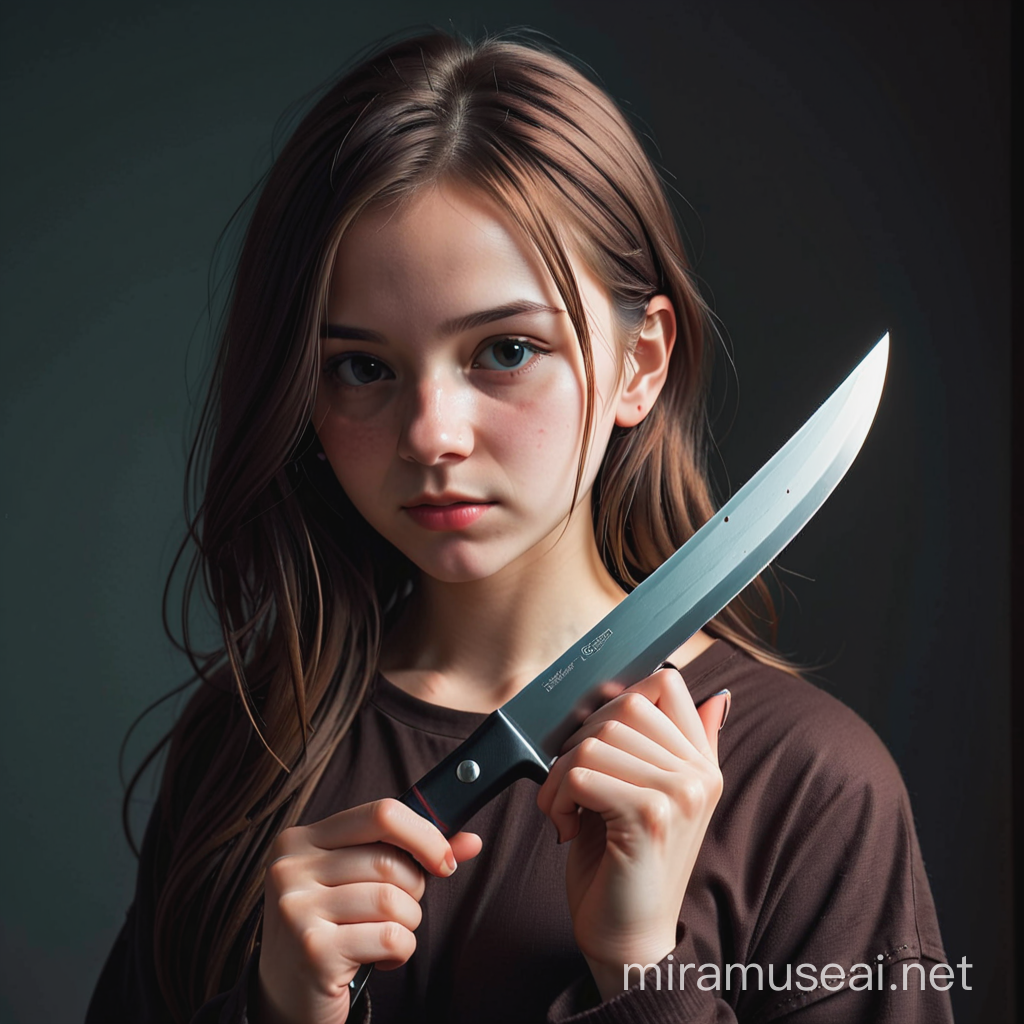 Young Girl with a Knife in Mysterious Woods