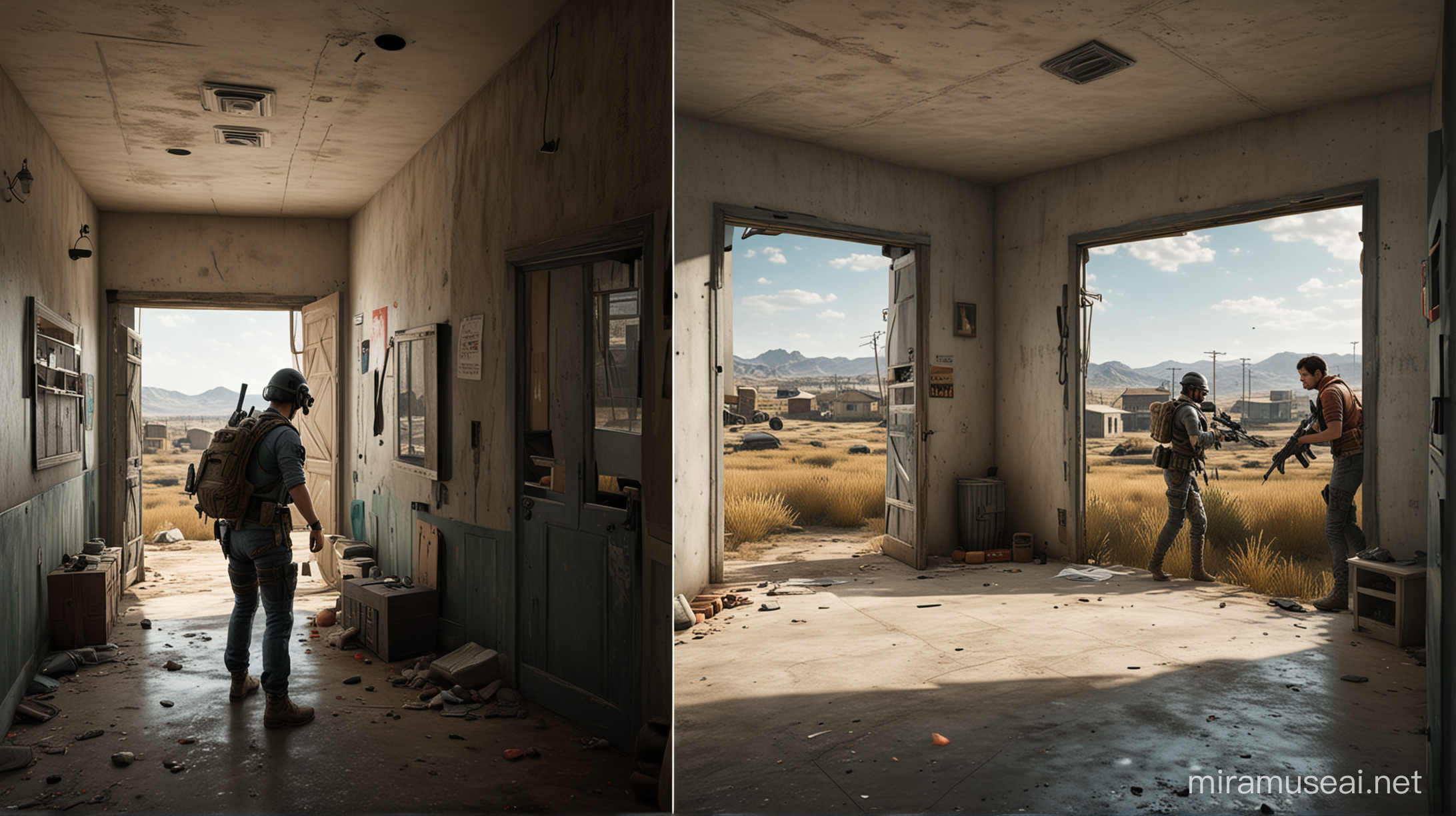 There are two spaces in the picture, one is a normal home space with natural lights and the other is a PUBG game space with colors related to the game environment. Between these two spaces there is a mobile phone and a man tries to go from the home space to the game space and become one of the characters of the game