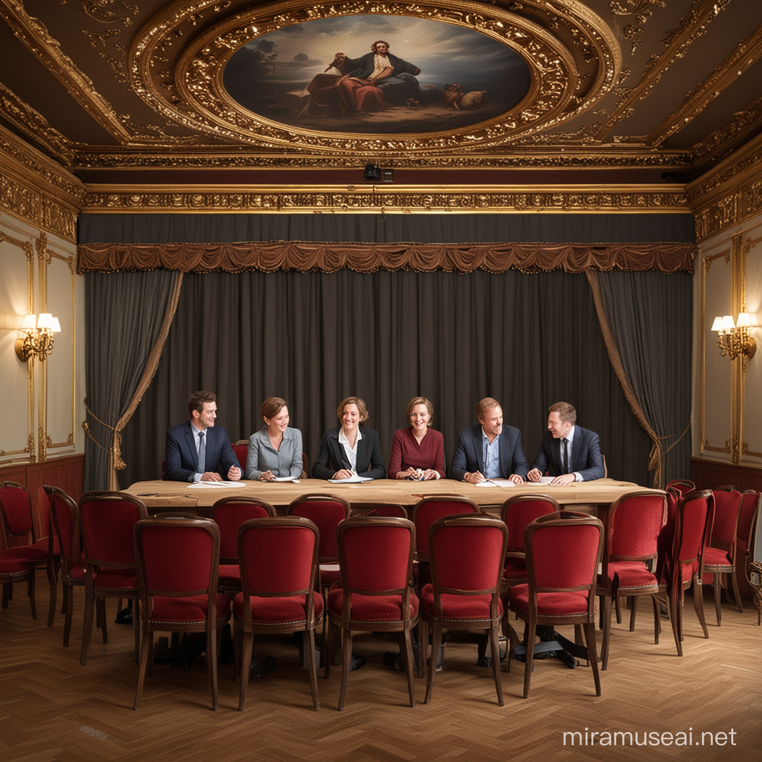 Grand Theater Decorated for Commission Meeting Six Individuals Seated at Table