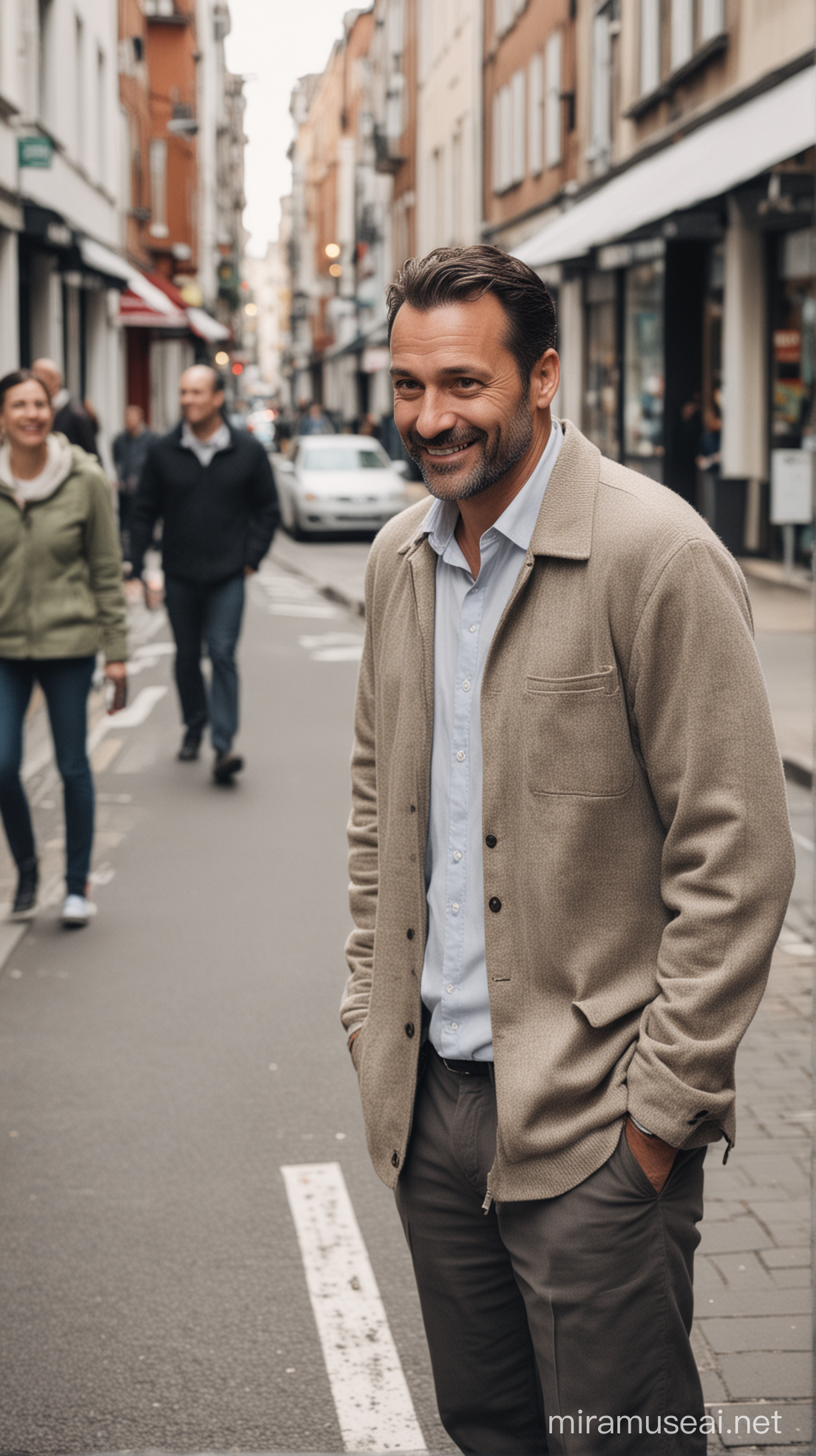 Image of a man in his 40's in a busy street scene in mid level neighbourhood
He has a slight smile while looking at something on the ground