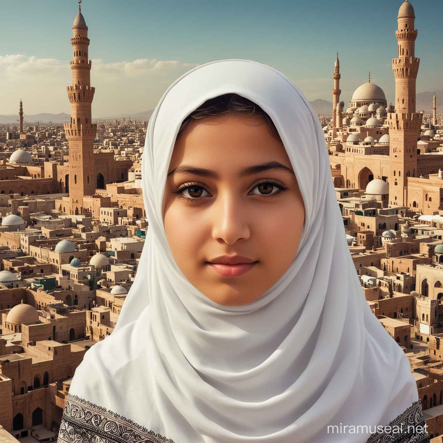 Muslim Girl in Traditional Attire Amidst Scenic Muslim Landscape