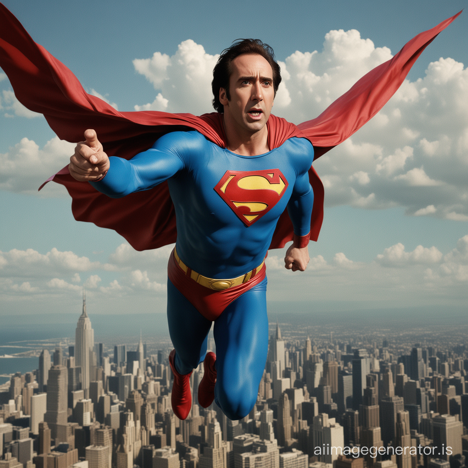 Nicolas Cage as Superman in a movie directed by Tim Burton. Nicolas Cage. Superman flying. 80s movie. Realistic picture.