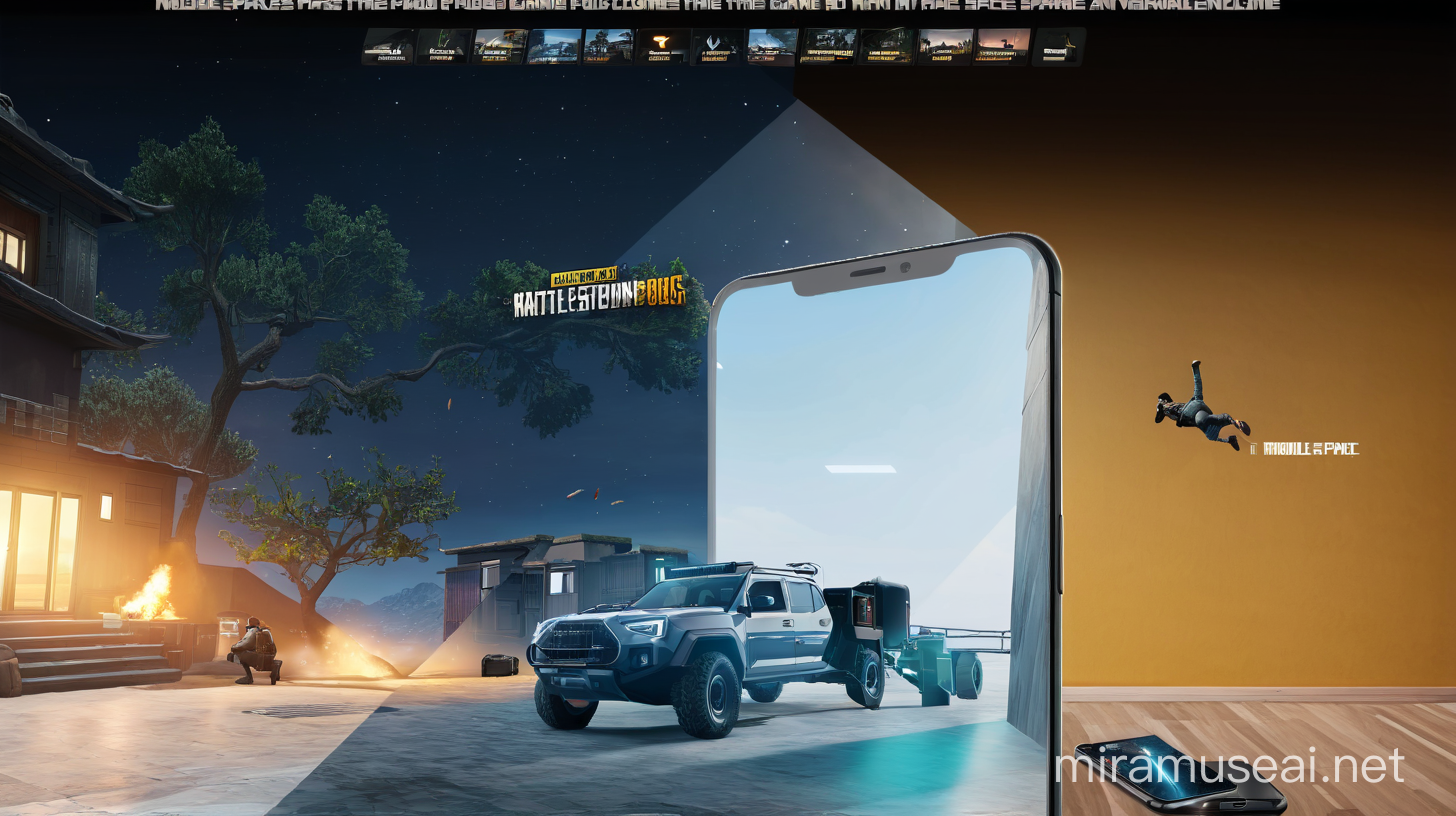 There are two different spaces in the image. One is the normal space of the house with natural lights and the other is the PUBG game space with the colors of the game environment. These two spaces are separated by a mobile smartphone and a man tries to go from the home space to the game space and become one of the characters of the game.